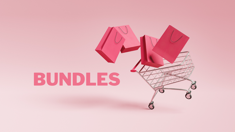 Four pink shopping bags are being placed in a shopping cart on a pink background with the word "BUNDLES" written to the left.
