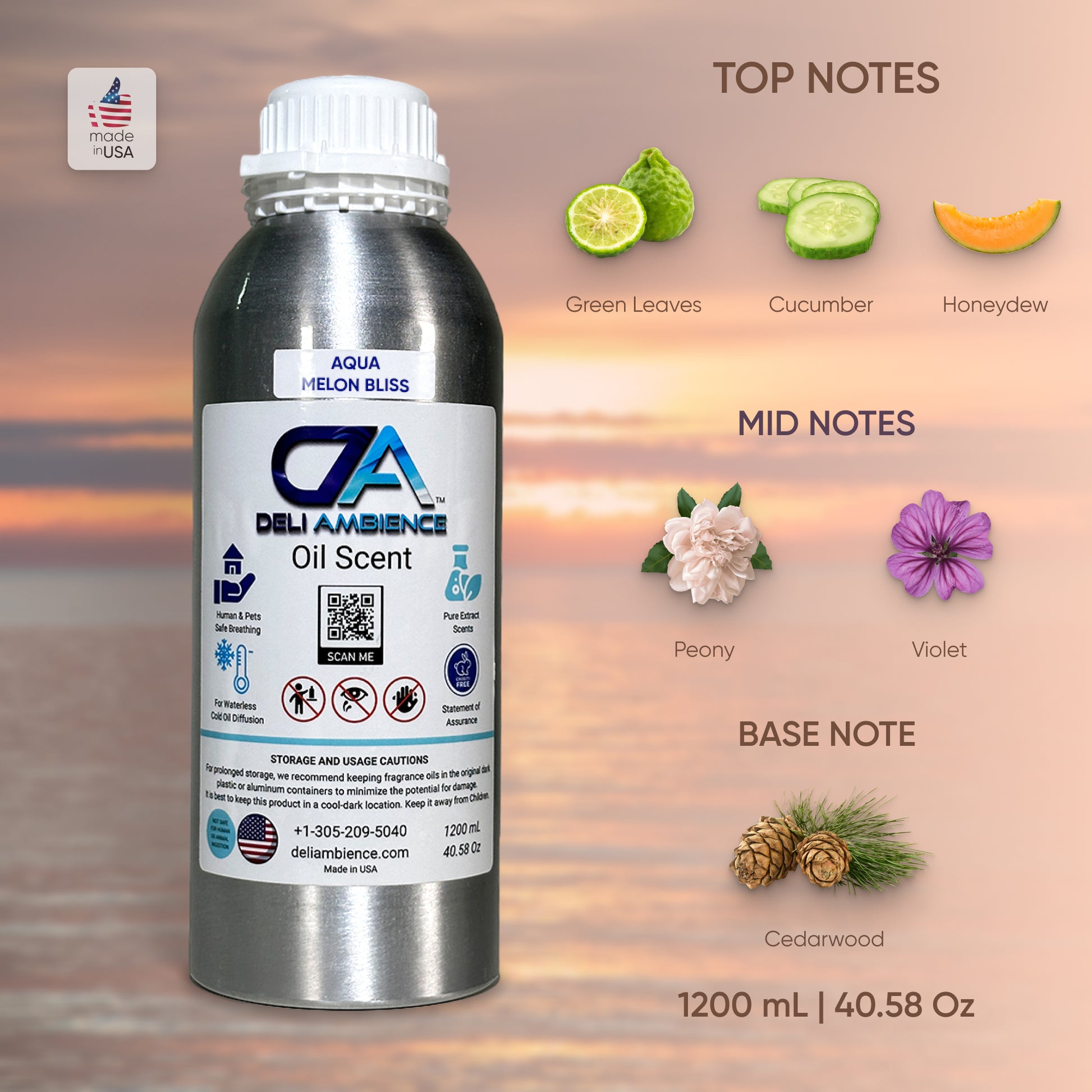 Discover the invigorating aroma of Aqua Melon Bliss, a summer fragrance featuring top notes of green leaves and cucumber, heart notes of honeydew and peony, and base notes of violet and cedarwood. Encased in a 1200 mL (40.58 oz) bottle, this Deli Ambience Oil Scent is ideal for enhancing any season.