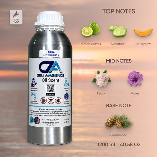 Discover the invigorating aroma of Aqua Melon Bliss, a summer fragrance featuring top notes of green leaves and cucumber, heart notes of honeydew and peony, and base notes of violet and cedarwood. Encased in a 1200 mL (40.58 oz) bottle, this Deli Ambience Oil Scent is ideal for enhancing any season.