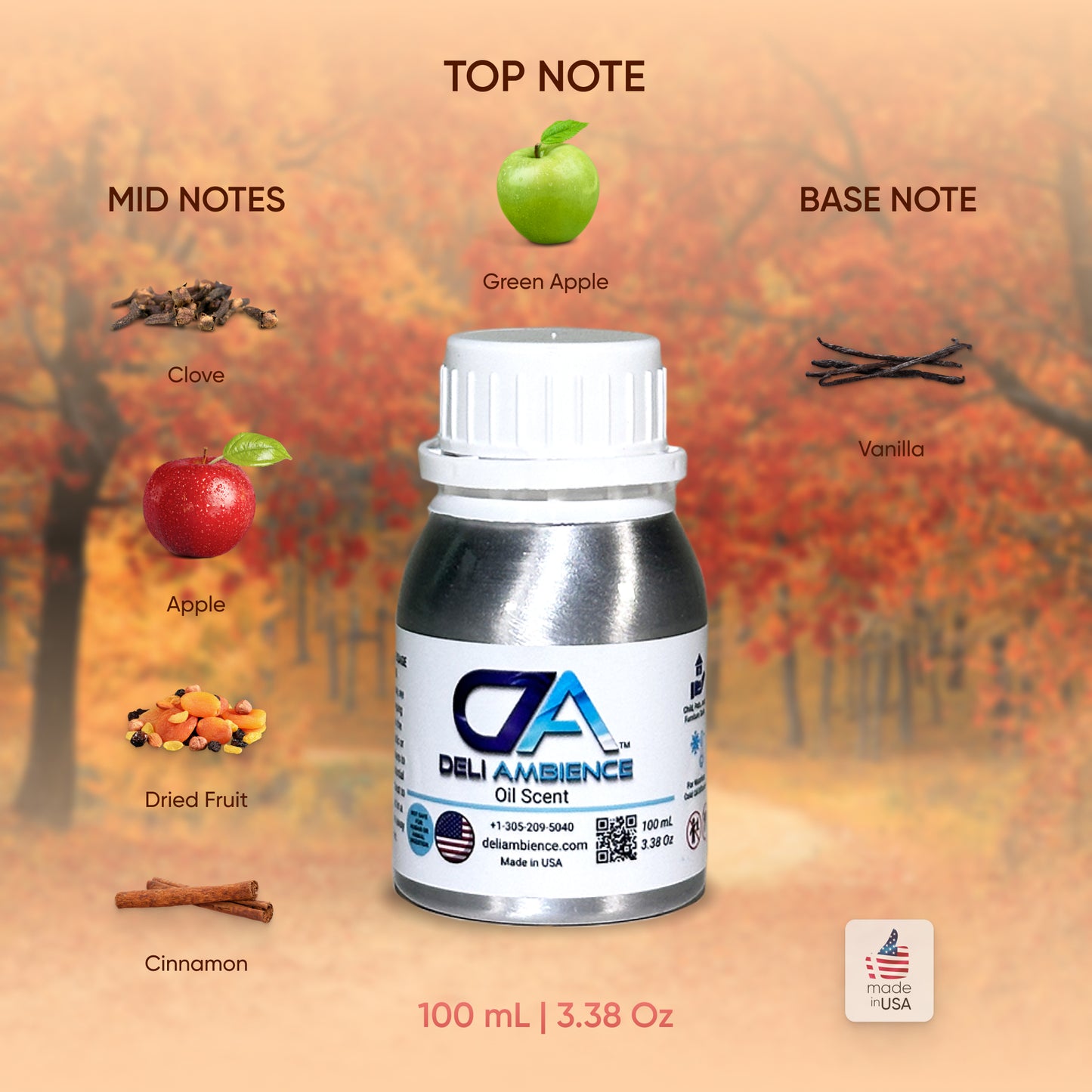 A bottle of Autumn Breeze Oil Scent with the following notes listed: Top note - Green Apple, Mid notes - Clove, Apple, Dried Fruit, Cinnamon; Base note - Vanilla. This 100 mL bottle creates an olfactory symphony perfect for any sensory experience. Made in the USA.