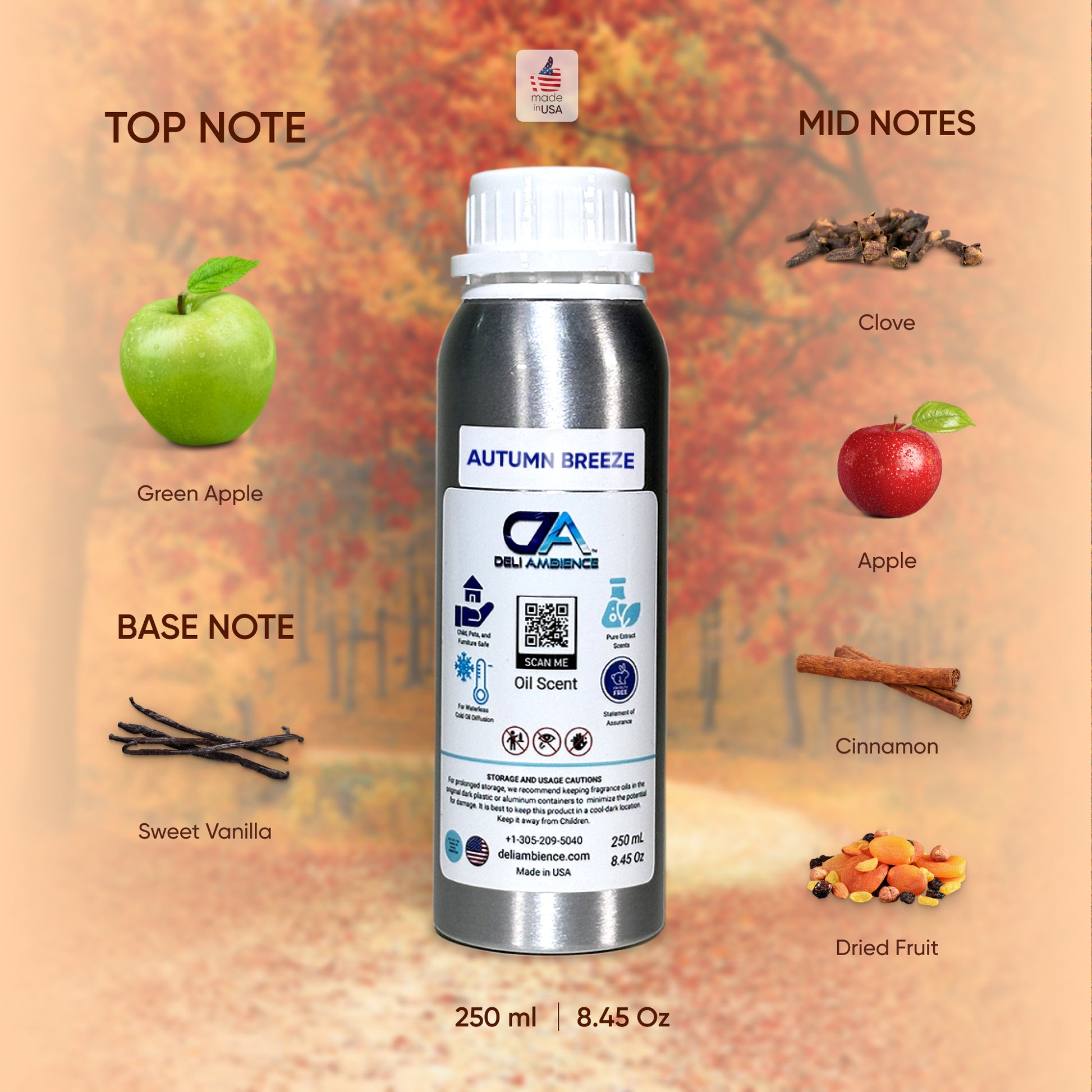 A 250 ml bottle of "Autumn Breeze Oil Scent" sits in the center. Top notes: green apple. Mid notes: clove, apple. Base notes: sweet vanilla, cinnamon, dried fruit. The background depicts an autumn forest path, evoking an olfactory symphony that encapsulates the essence of this Autumn fragrance.