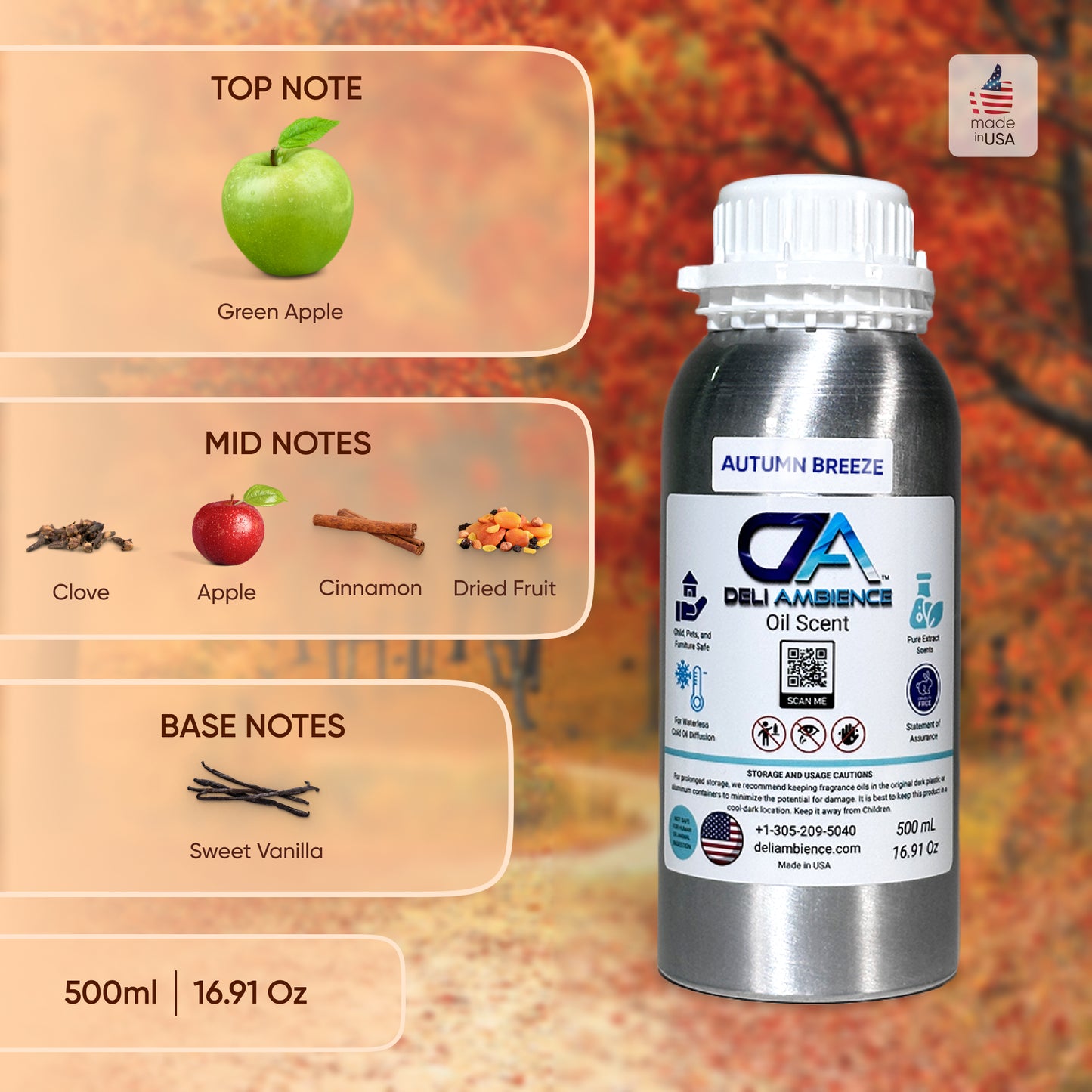 Metallic bottle labeled "Autumn Breeze Oil Scent" against a nature backdrop. Notes listed: Top - Green Apple; Mid - Clove, Apple, Cinnamon, Dried Fruit; Base - Sweet Vanilla. Volume: 500ml, 16.91 oz. This Autumn fragrance offers an olfactory symphony for a rich sensory experience.