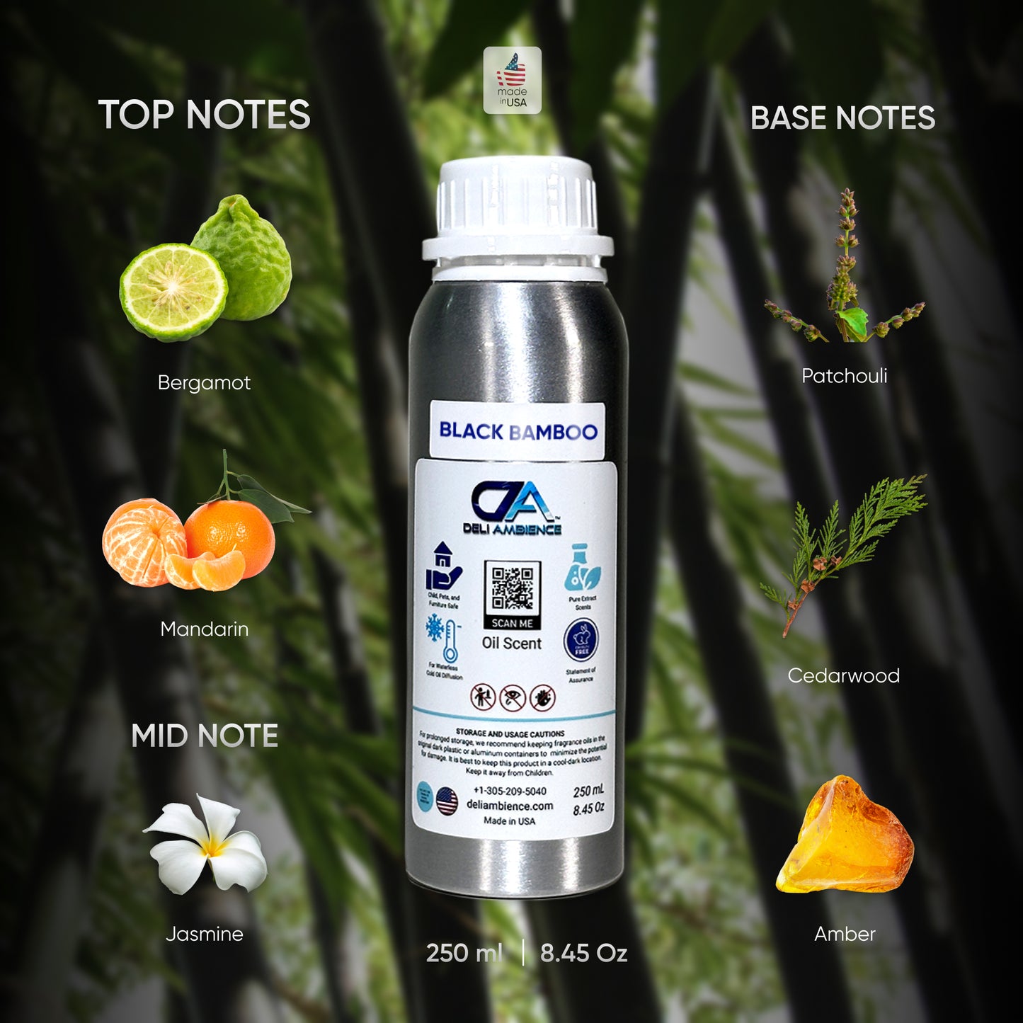 Visual of a metal container branded with "Black Bamboo Oil Scent," detailing an aromatic profile that begins with fresh, citrusy top notes of bergamot and mandarin. The mid notes unfold into a captivating floral bouquet of jasmine, leading to a lingering base composed of patchouli, cedarwood, and amber.