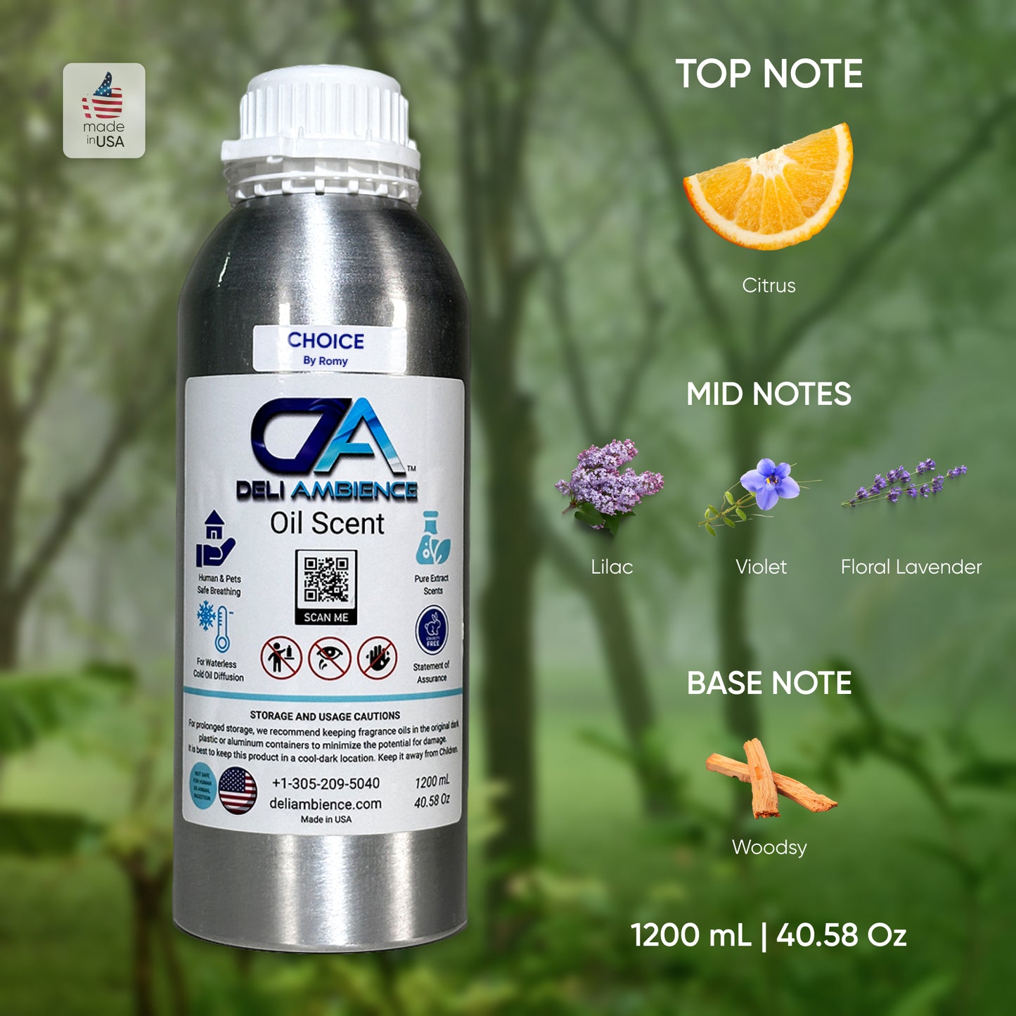 A silver bottle labeled "Choice by Romy Oil Scent," featuring a fragrance with citrus top notes, lilac, violet, and floral lavender mid notes, and woodsy base notes. This 1200 mL (40.58 oz) masterpiece creates a welcoming atmosphere while leaving a lasting impression.