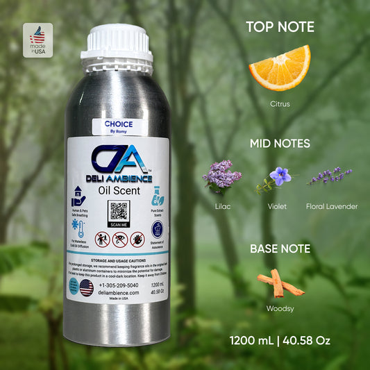 A silver bottle labeled "Choice by Romy Oil Scent," featuring a fragrance with citrus top notes, lilac, violet, and floral lavender mid notes, and woodsy base notes. This 1200 mL (40.58 oz) masterpiece creates a welcoming atmosphere while leaving a lasting impression.