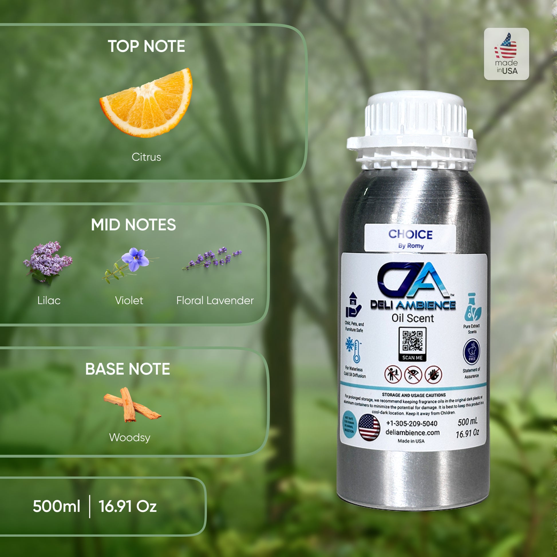 A 500ml container of Choice by Romy Oil Scent with top notes of citrus, mid notes of lilac, violet, floral lavender, and base notes of woodsy. The silver bottle features a label detailing the fragrance notes and is designed to create a welcoming atmosphere and leave a lasting impression.
