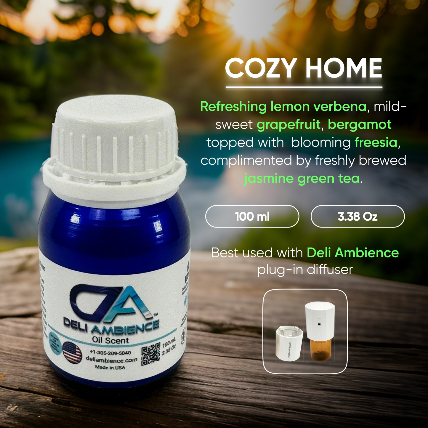 A bottle of Deli Ambience "DA Cozy Home" Oil Scent 100 ML with refreshing lemon verbena, grapefruit, bergamot, freesia, and jasmine green tea, alongside a Deli Ambience plug-in diffuser creates an inviting aroma for your welcoming haven.