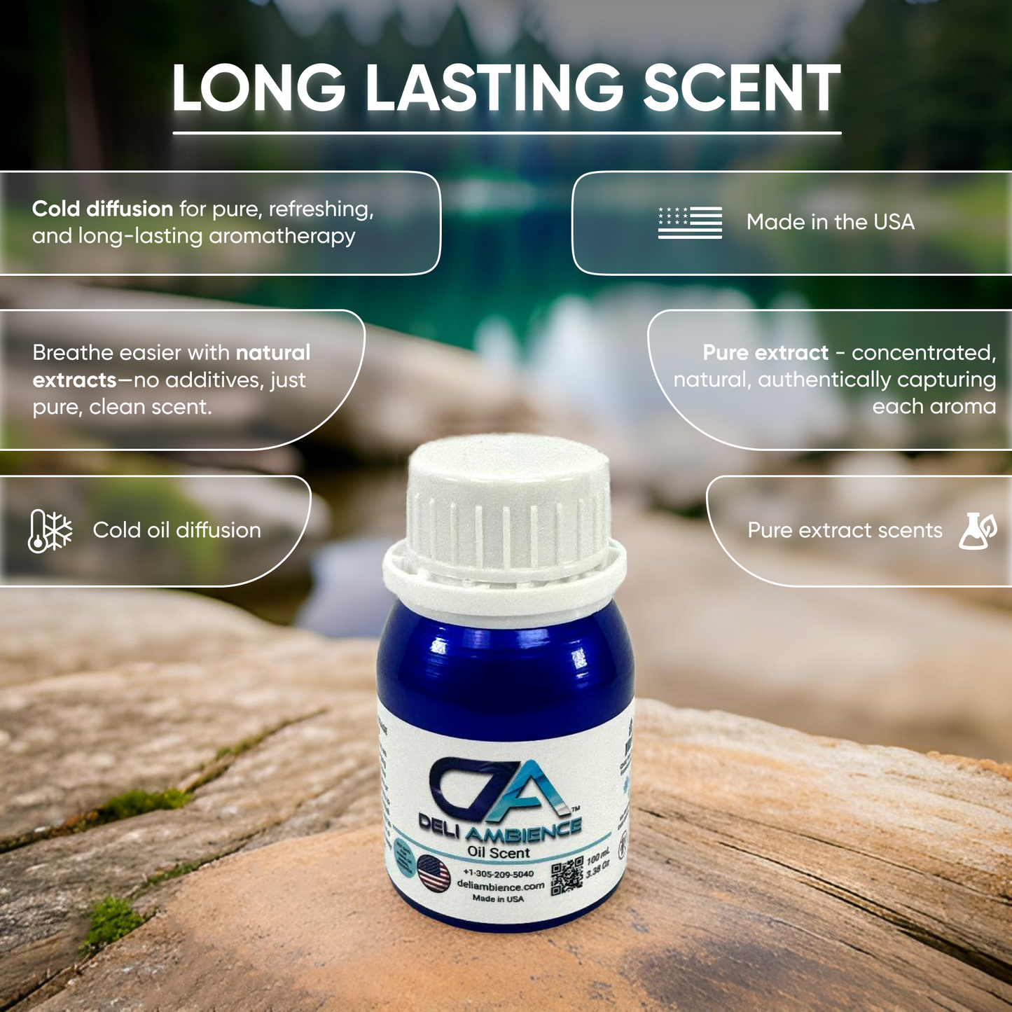 A small blue bottle of Deli Ambience "DA Cozy Home" Oil Scent 100 ML is placed on a wooden surface outdoors. Text highlights key features like cold diffusion, natural extracts, and long-lasting effectiveness of this Deli Ambience "DA Cozy Home" oil fragrance, turning any space into a welcoming haven with its inviting aroma.