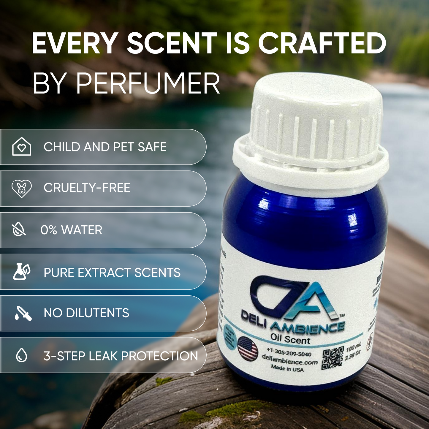 A bottle of Deli Ambience "DA Cozy Home" Oil Scent 100 ML is placed on a wooden surface outdoors. Text highlights features: child and pet safe, cruelty-free, 0% water, pure extract scents, no diluents, and 3-step leak protection. Enjoy an inviting aroma that transforms your space into a welcoming haven.