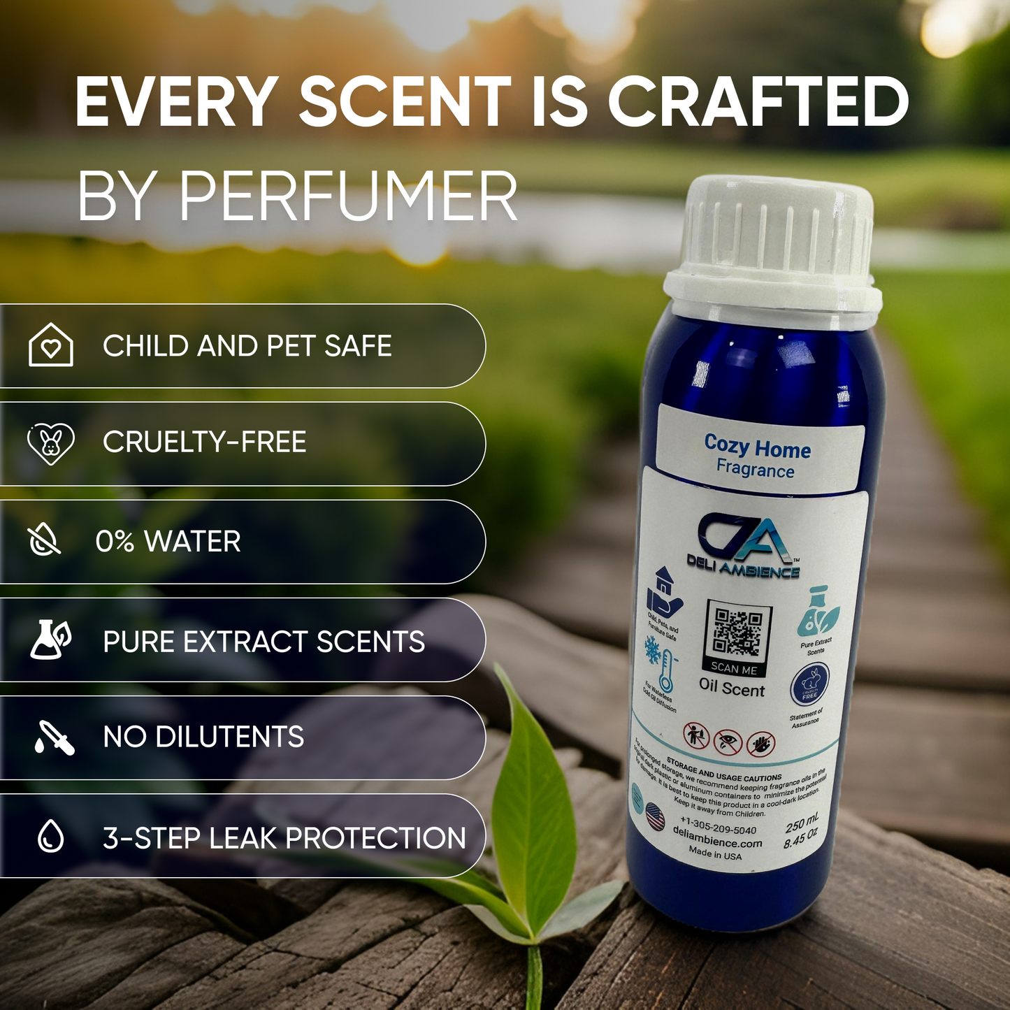 Image showing a blue bottle of Deli ambience "DA Cozy Home" Oil Scent 250 ML, featuring labels that highlight its benefits: child and pet safe, cruelty-free, 0% water scent oil, pure extract scents with no diluents, and 3-step leak protection for a comforting aroma.