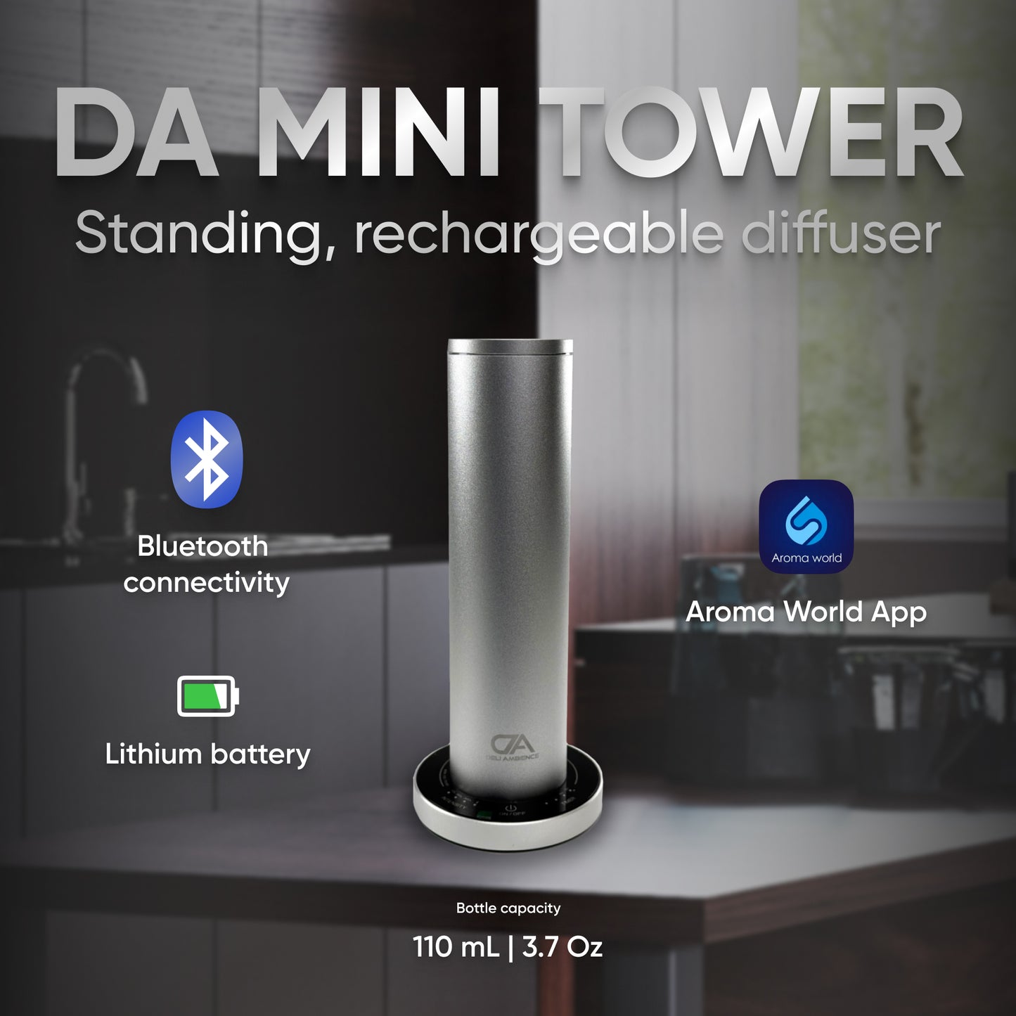 A DA Mini Tower Scent Diffuser, ideal for aromatherapy with essential oils, is elegantly displayed on a counter. It boasts Bluetooth connectivity, a rechargeable lithium battery, Aroma World App compatibility, and a 110 mL bottle capacity.