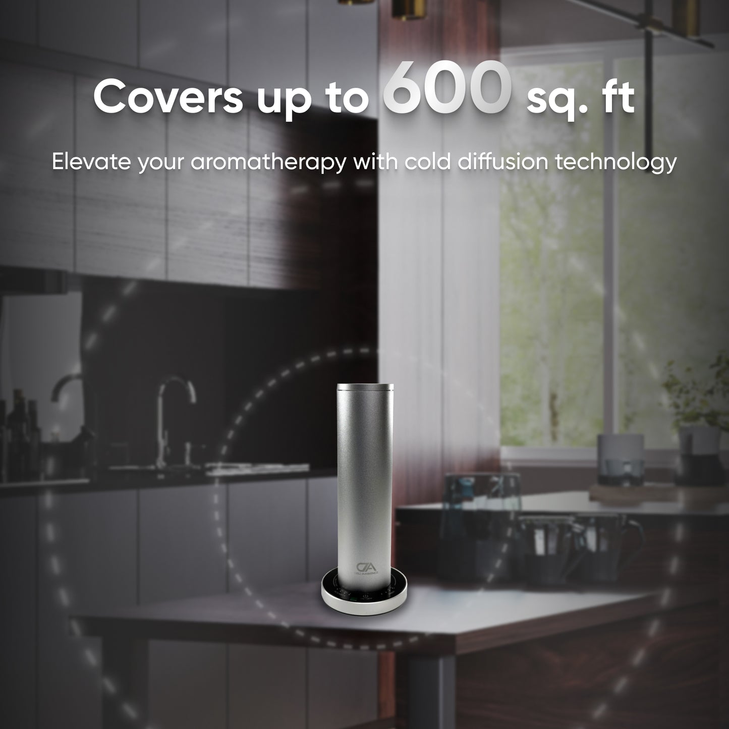 In a sleek, modern kitchen, the DA Mini Tower Scent Diffuser employs cold diffusion technology to envelop up to 600 sq. ft. in the calming aromas of essential oils, turning the space into a tranquil oasis of aromatherapy bliss.