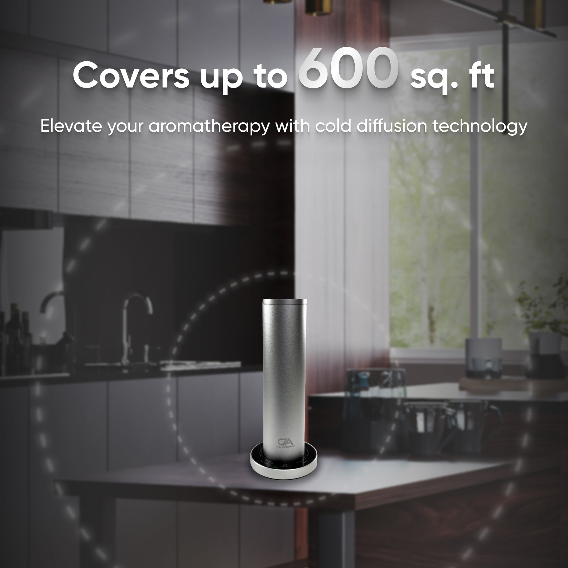 In a sleek, modern kitchen, the DA Mini Tower Scent Diffuser employs cold diffusion technology to envelop up to 600 sq. ft. in the calming aromas of essential oils, turning the space into a tranquil oasis of aromatherapy bliss.