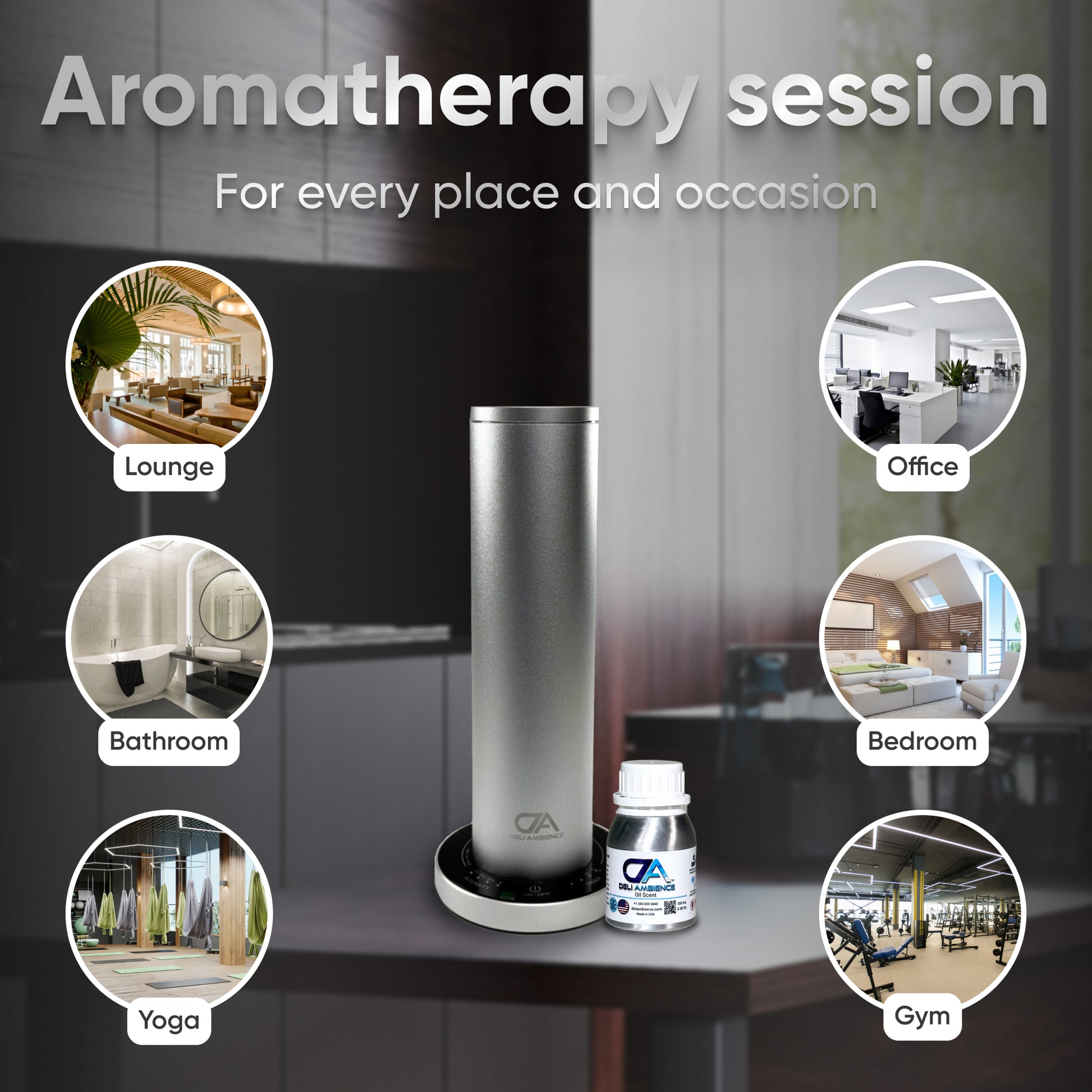 DA Mini Tower Scent Diffuser with essential oils bottle showcased. Suggested settings include a lounge, office, bathroom, bedroom, yoga studio, and gym.
