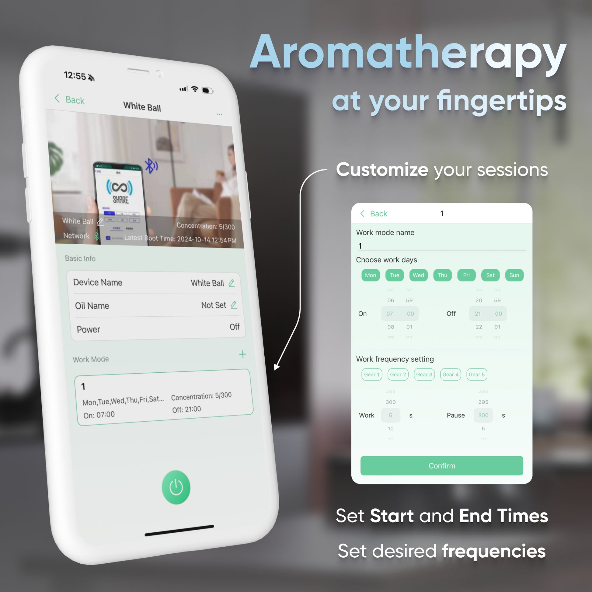 A DA Mini Tower Scent Diffuser showcasing an aromatherapy app interface enables you to customize essential oils, session times, and frequencies. Text on the image reads: "Aromatherapy at your fingertips.