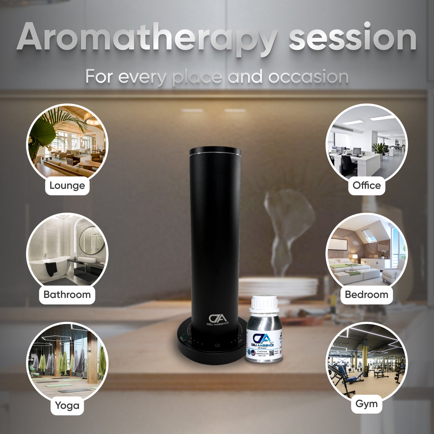 The DA Mini Tower Scent Diffuser and essential oil bottle on a table highlight versatile locations: Lounge, Office, Bathroom, Bedroom, Yoga, Gym. Text reads: "Experience aromatherapy everywhere with our DA Mini Tower Scent Diffuser.