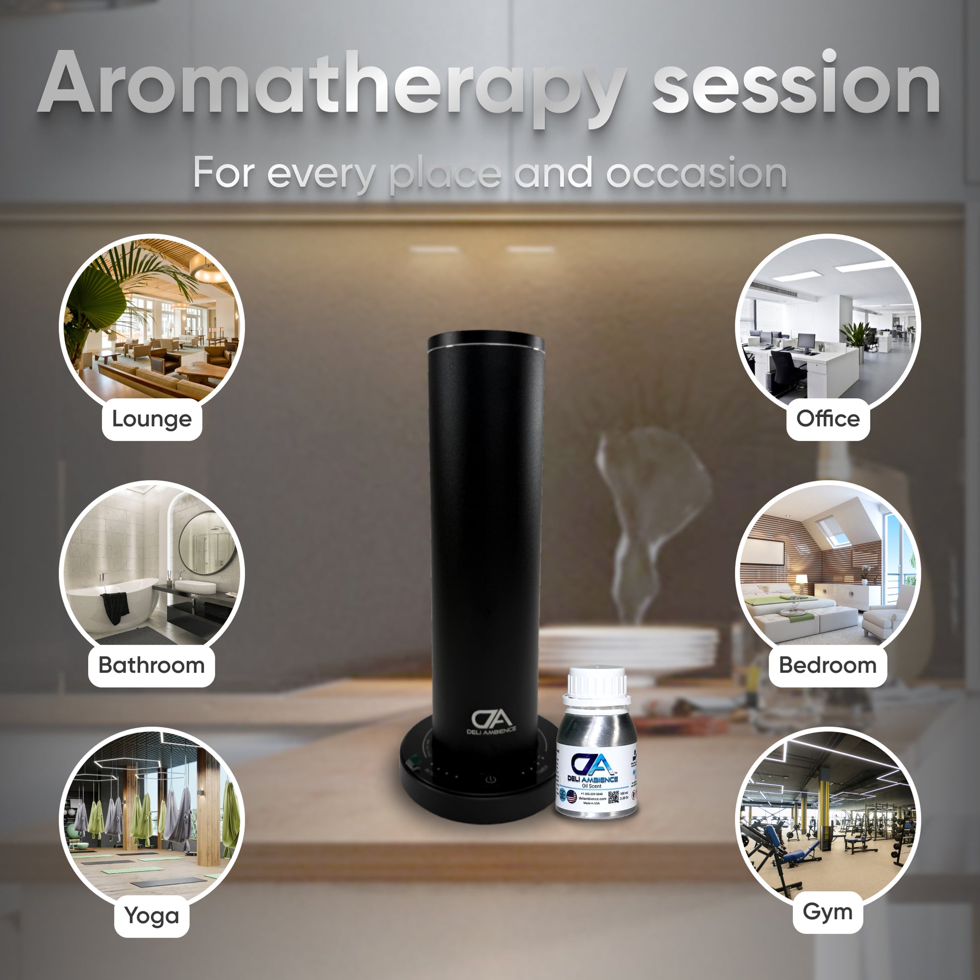 The DA Mini Tower Scent Diffuser and essential oil bottle on a table highlight versatile locations: Lounge, Office, Bathroom, Bedroom, Yoga, Gym. Text reads: "Experience aromatherapy everywhere with our DA Mini Tower Scent Diffuser.