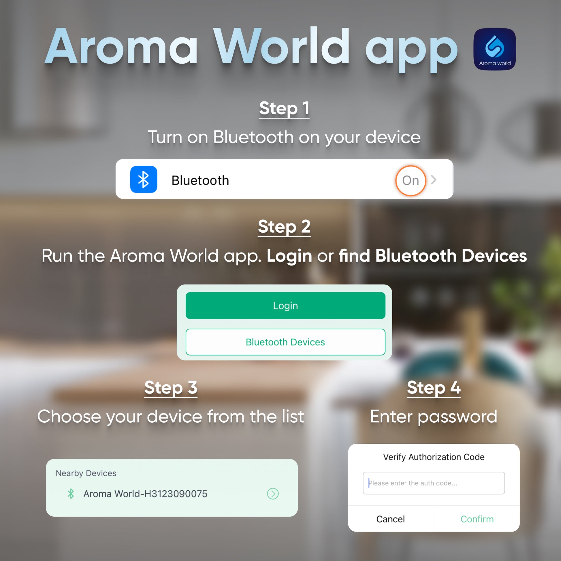 To connect to the Aroma World app, activate Bluetooth, launch the app, and select your DA Mini Tower Scent Diffuser. Pick your device and enter the password to confirm for a seamless aromatherapy experience.