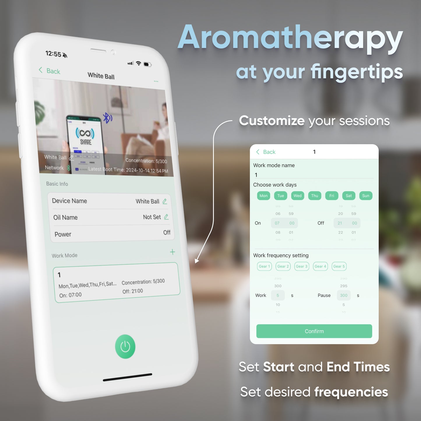 A DA Mini Tower Scent Diffuser displays an aromatherapy app interface, allowing users to customize sessions, set start and end times, and choose preferred work frequencies. Text reads "Aromatherapy with essential oils at your fingertips.