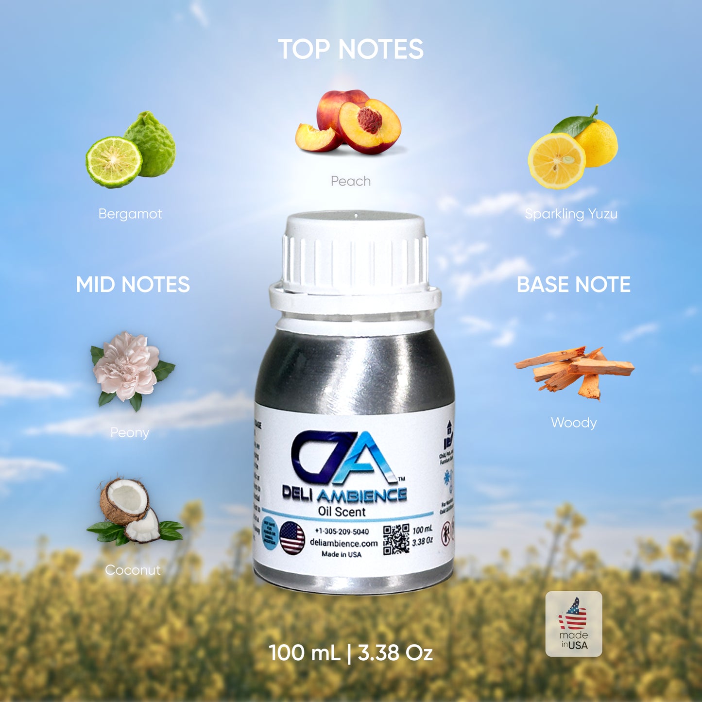 A 100 mL bottle of Enchanted Oil Scent with top notes of bergamot, peach, and yuzu; mid notes of peony and coconut; and a woody base note. This sensual scent is made in the USA.