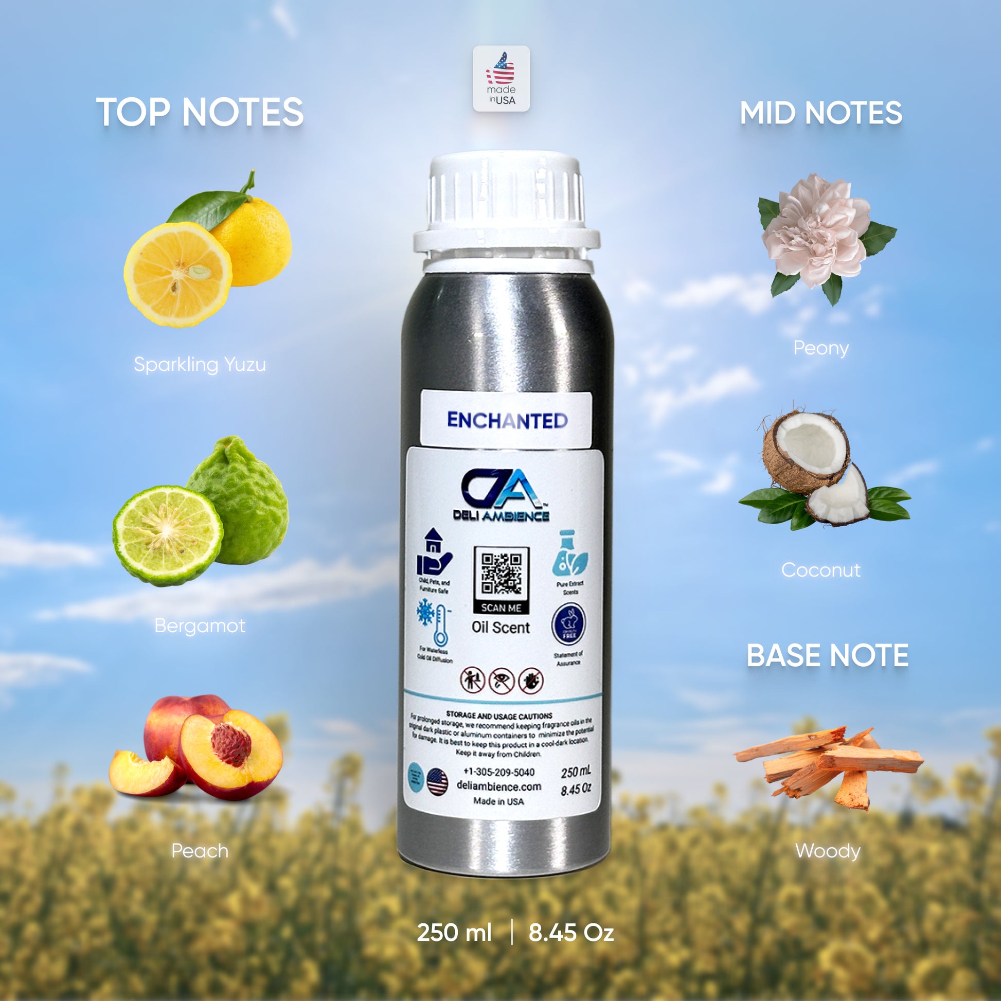 A metal bottle labeled "Enchanted Oil Scent" is surrounded by images of its ingredients: sparkling yuzu, bergamot, peach, peony, coconut, and wood. The bottle has a volume of 250 ml (8.45 oz), offering an enchanting scent that captivates the senses.