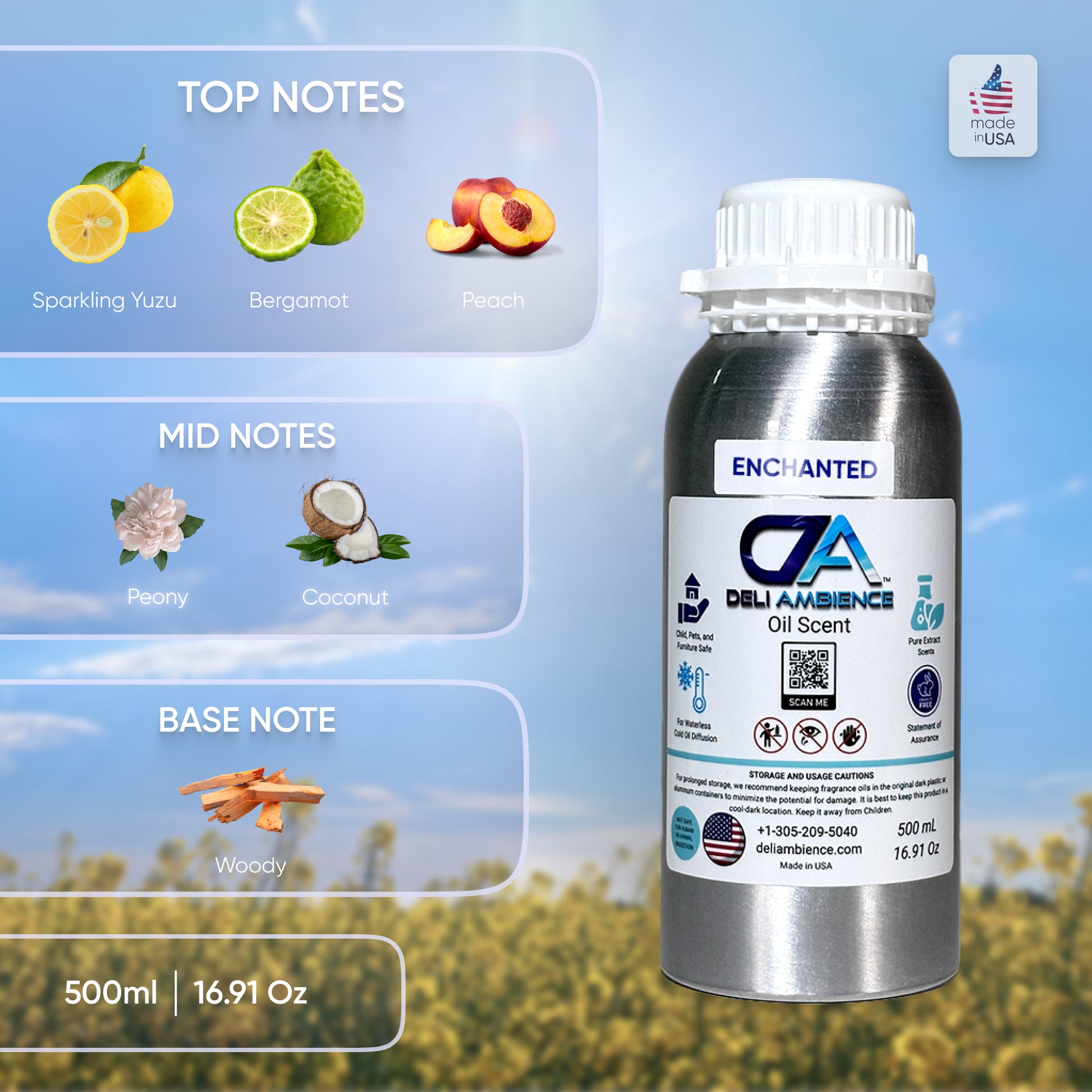 A 500ml bottle of Enchanted Oil Scent from GA Deli Ambience features top notes of yuzu, bergamot, and peach, mid notes of peony and coconut, and a base note of wood. This enchanting scent is proudly made in the USA.