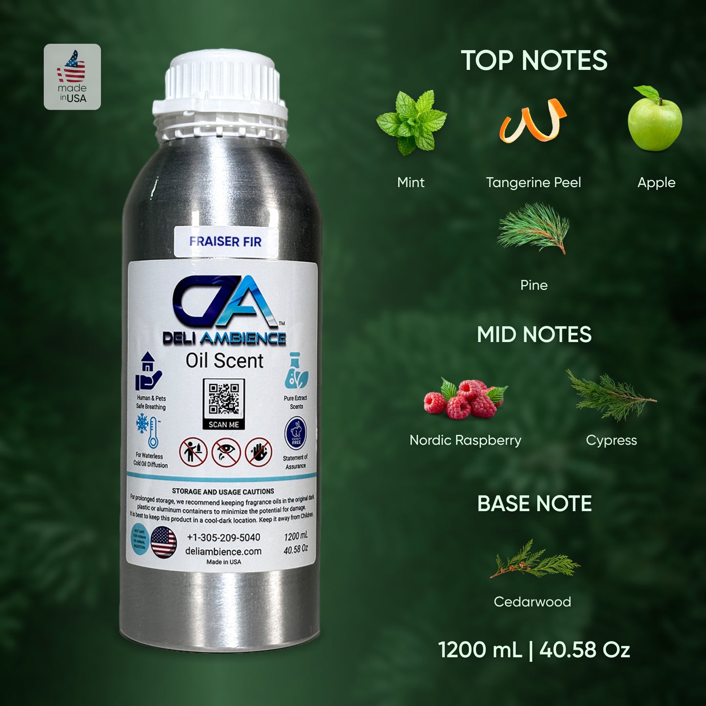 A silver bottle labeled "Fraiser Fir Oil Scent 'Seasons Special'" fragrance oil. Top notes: mint, tangerine peel, apple. Mid notes: nordic raspberry and cypress reminiscent of a Christmas tree. Base note: cedarwood. Volume: 1200 mL | 40.58 oz.