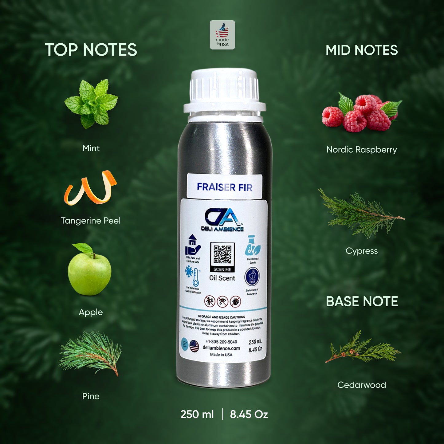 Image of a fragrance bottle labeled "Fraiser Fir Oil Scent 'Seasons Special'" with notes of mint, tangerine peel, apple, pine reminiscent of a Christmas tree, Nordic raspberry, cypress, and cedarwood. The bottle contains 250 ml (8.45 oz).
