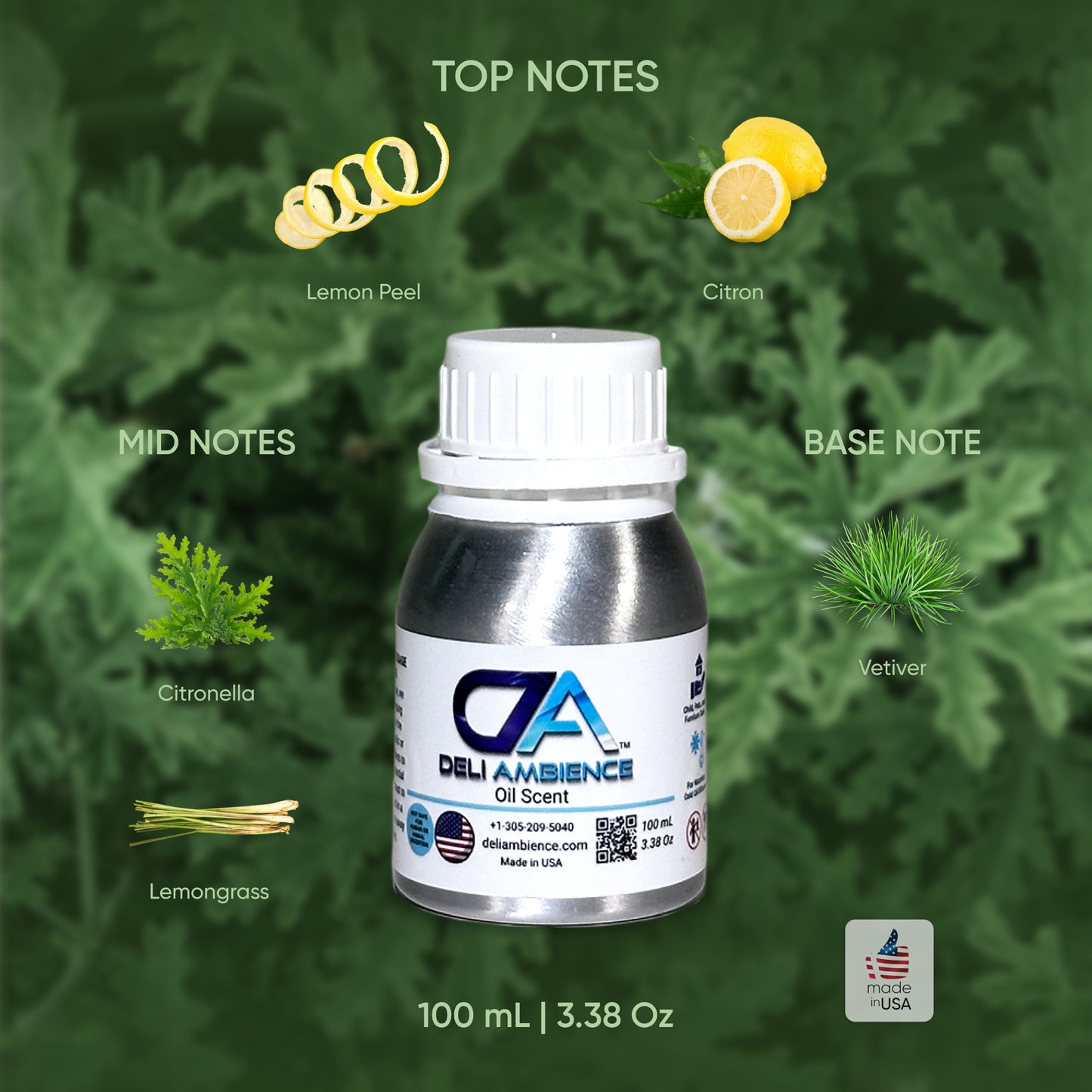 A 100mL bottle of Fresh Citronella Oil Scent is surrounded by its uplifting aroma: lemon peel and citron on top, citronella and lemongrass in the middle, and vetiver at the base. Made in the USA.