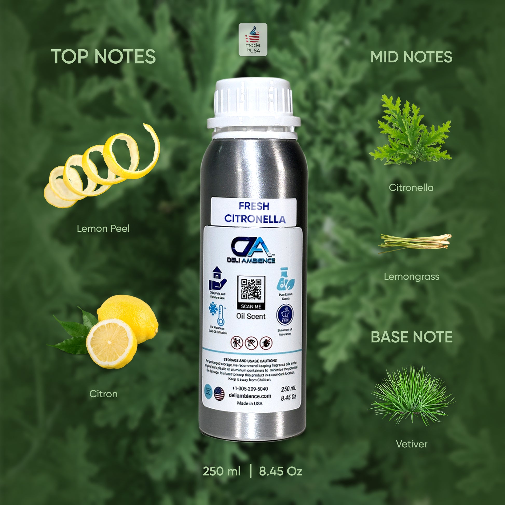A 250 ml bottle of Fresh Citronella Oil Scent, adorned with visuals depicting its top notes of lemon peel and citron, mid notes of citronella and lemongrass, and a base note of vetiver. Experience the uplifting aroma of this citrusy fragrance.