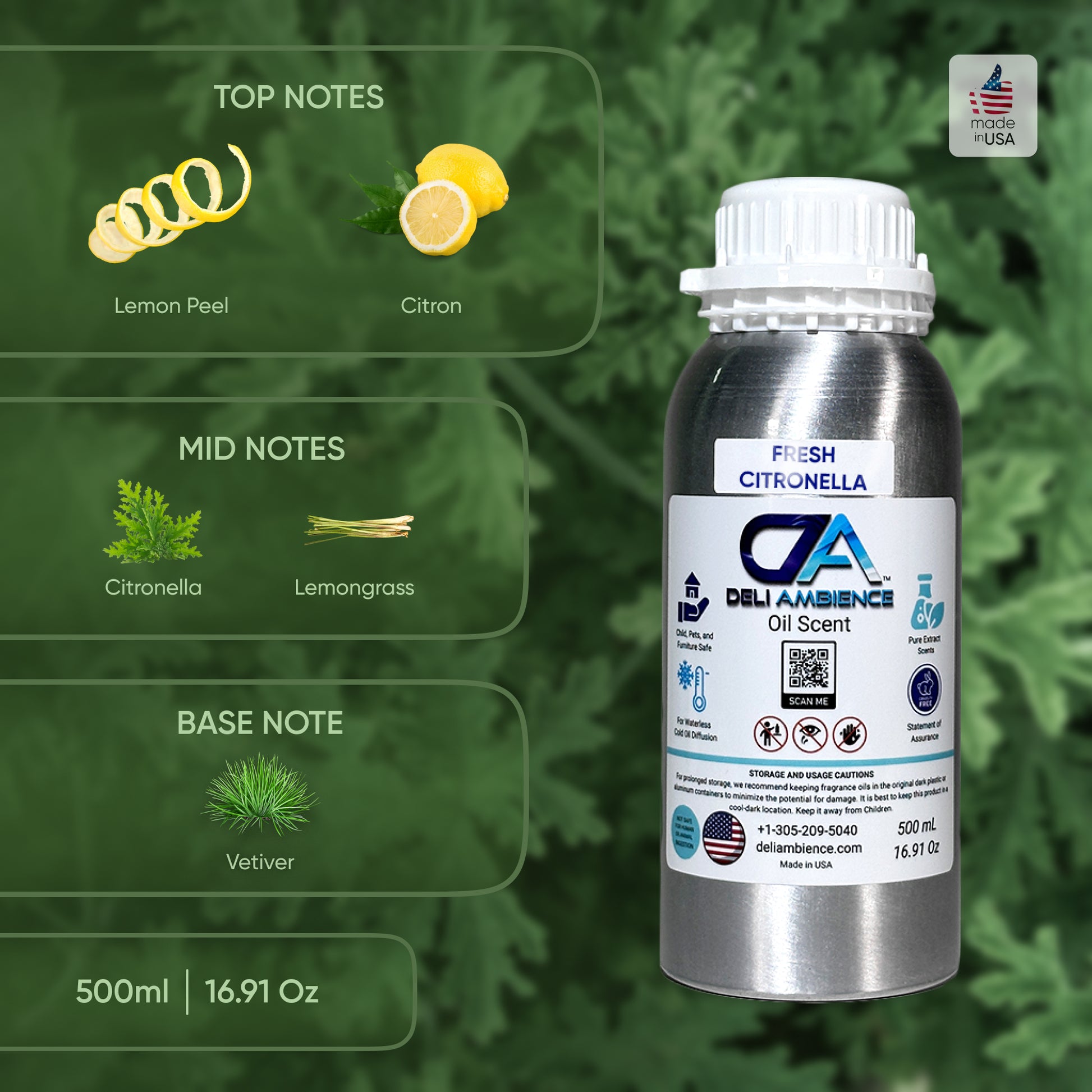 A silver 500ml bottle labeled "Fresh Citronella Oil Scent." Top notes: lemon peel, citron. Mid notes: citronella, lemongrass. Base note: vetiver. Made in USA, with an uplifting aroma and displayed over a green foliage background.