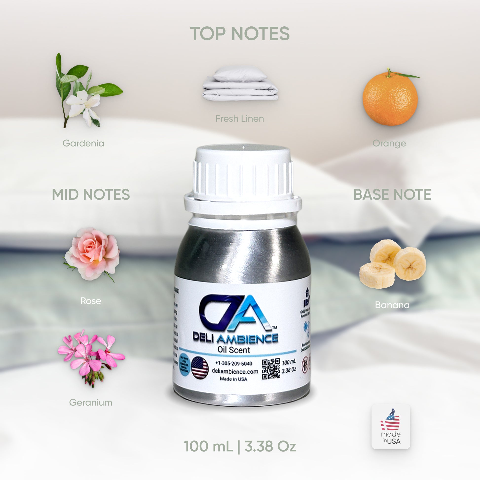 A 100 mL bottle of Fresh Linen Oil Scent with top notes of gardenia, fresh linen, and orange; mid notes of rose and geranium; and a base note of banana. Crafted to create a relaxing ambiance, the high-quality ingredients ensure an unparalleled aromatic experience. Displayed against a blurred background.