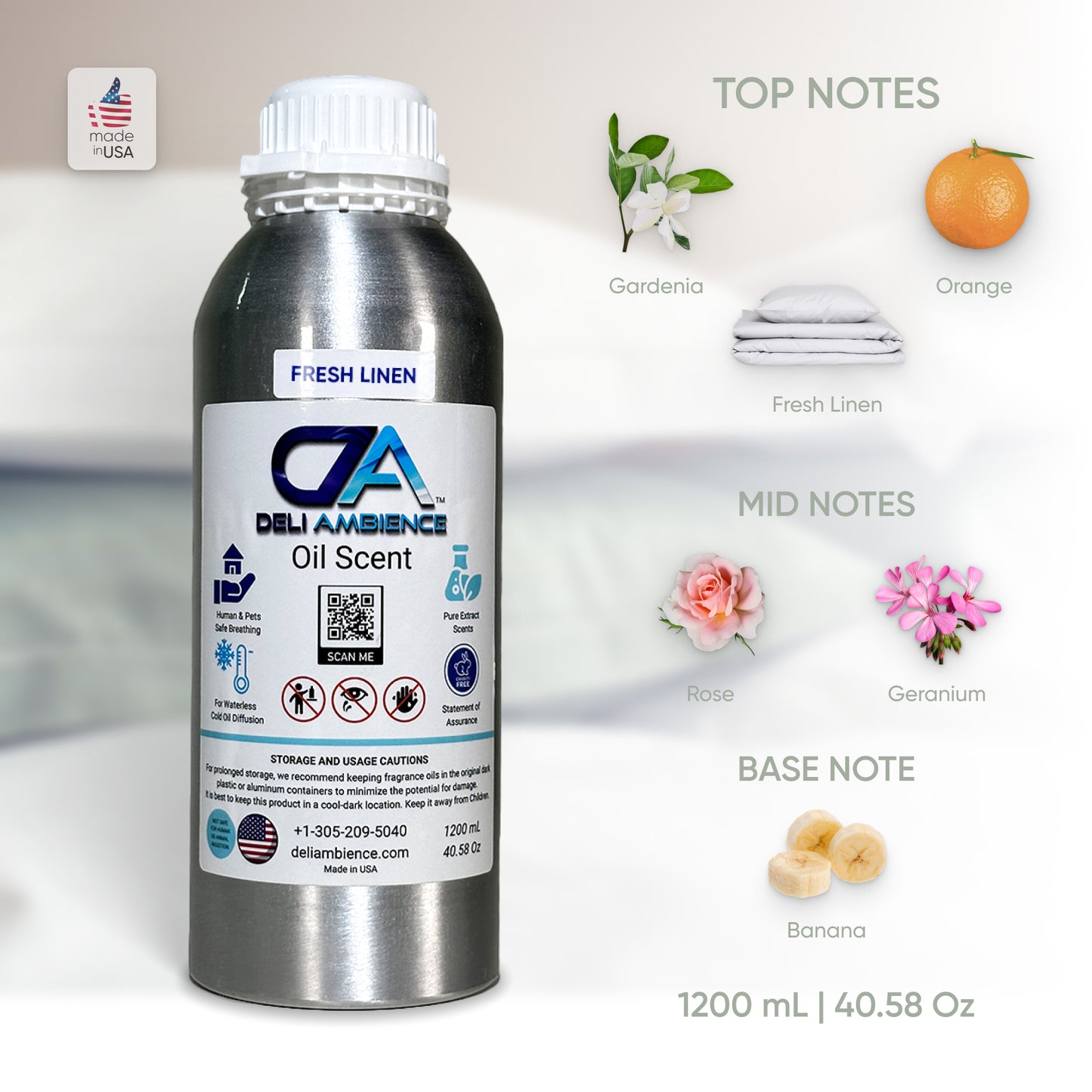 A metal bottle labeled "Fresh Linen Oil Scent" with accompanying images showing the scent's top notes (gardenia, orange, fresh linen), mid notes (rose, geranium), and base note (banana). This clean scent is crafted using high-quality fragrance oils. Capacity: 1200 mL.
