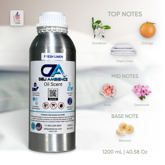 A metal bottle labeled "Fresh Linen Oil Scent" with accompanying images showing the scent's top notes (gardenia, orange, fresh linen), mid notes (rose, geranium), and base note (banana). This clean scent is crafted using high-quality fragrance oils. Capacity: 1200 mL.