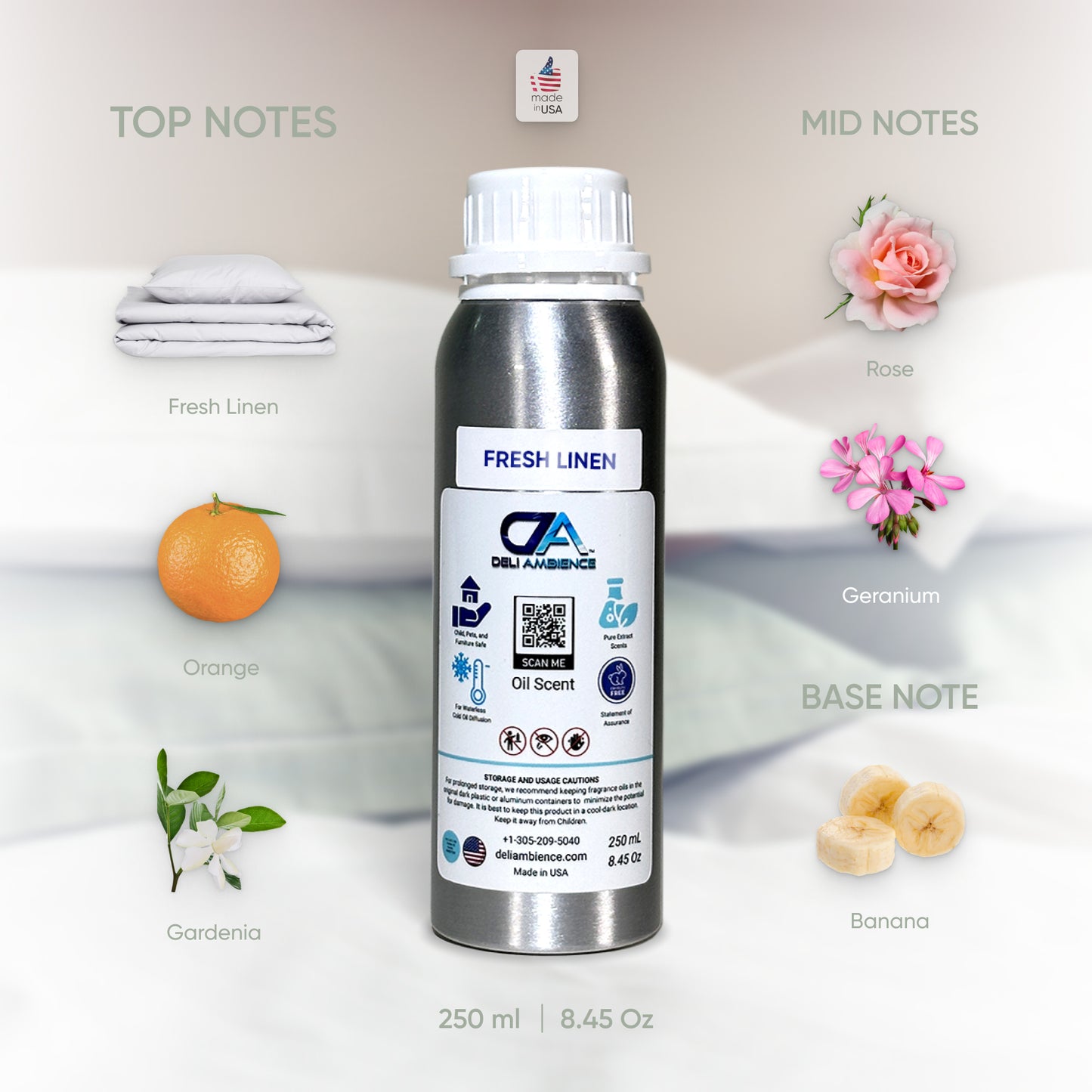 A 250ml metal bottle of Fresh Linen Oil Scent, adorned with images of its top notes (fresh linen, orange, gardenia), mid notes (rose, geranium), and base note (banana). This clean scent is crafted with high-quality fragrance oils for a refreshing and delightful aroma.