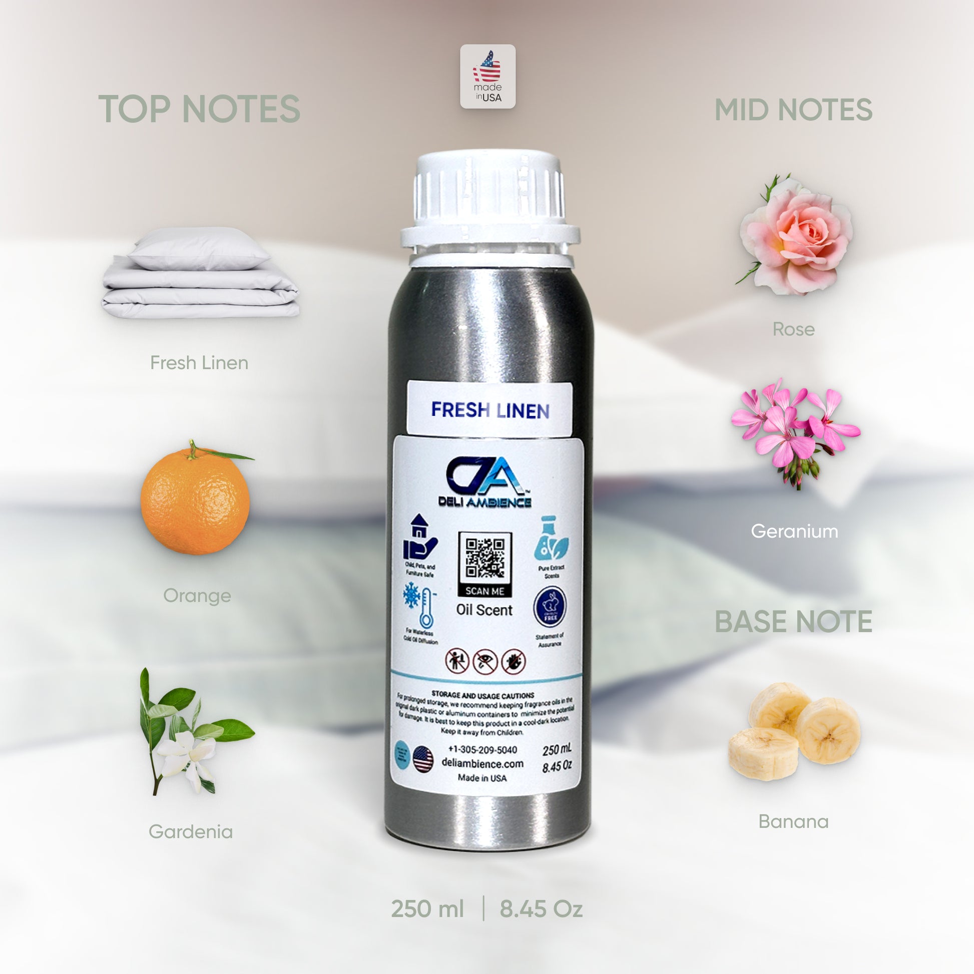 A 250ml metal bottle of Fresh Linen Oil Scent, adorned with images of its top notes (fresh linen, orange, gardenia), mid notes (rose, geranium), and base note (banana). This clean scent is crafted with high-quality fragrance oils for a refreshing and delightful aroma.