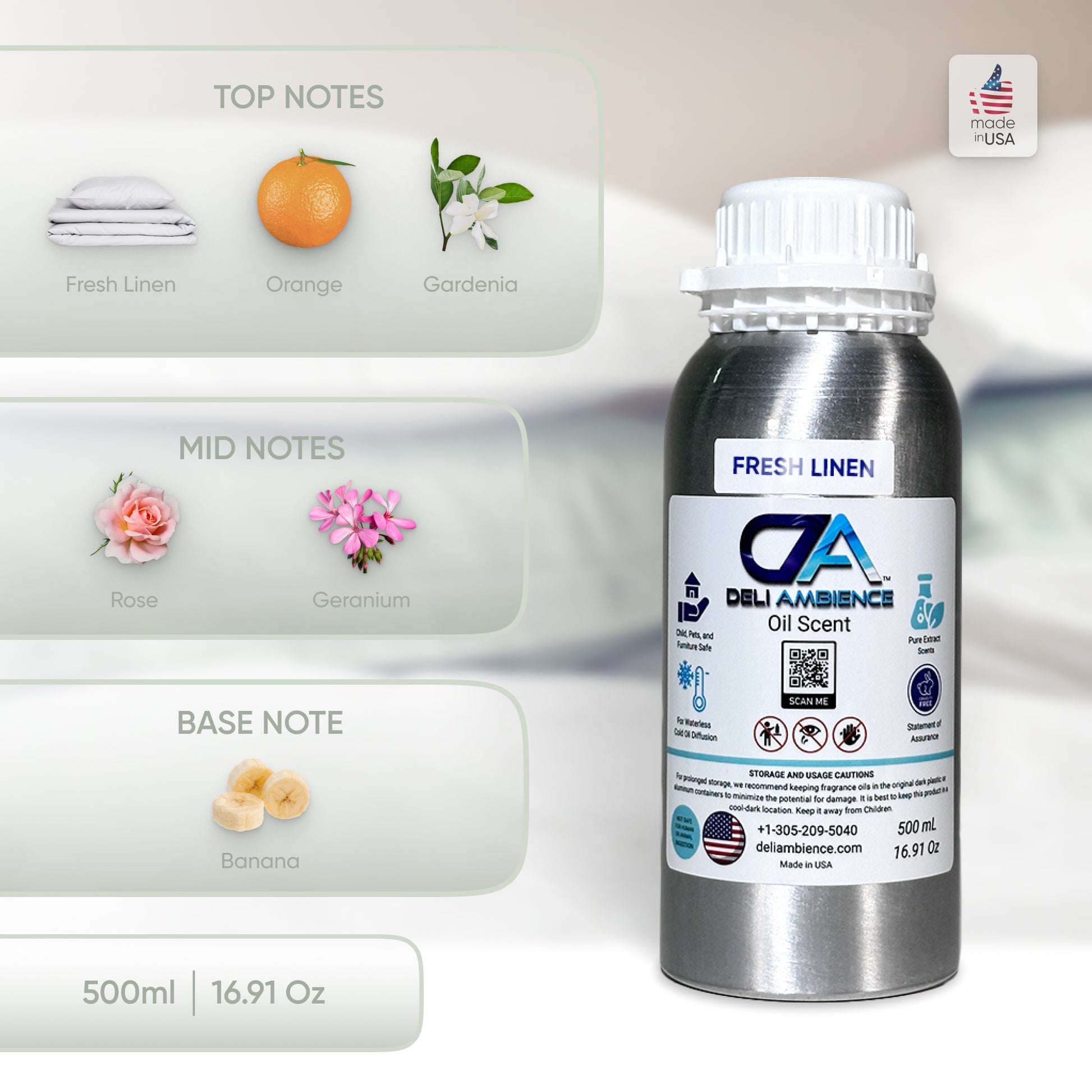 A 500ml bottle of Fresh Linen Oil Scent by Deli Ambience, featuring a clean and refreshing fragrance. The image highlights top, mid, and base notes of fresh linen, orange, gardenia, rose, geranium, and banana. Made in the USA using high-quality fragrance oils.