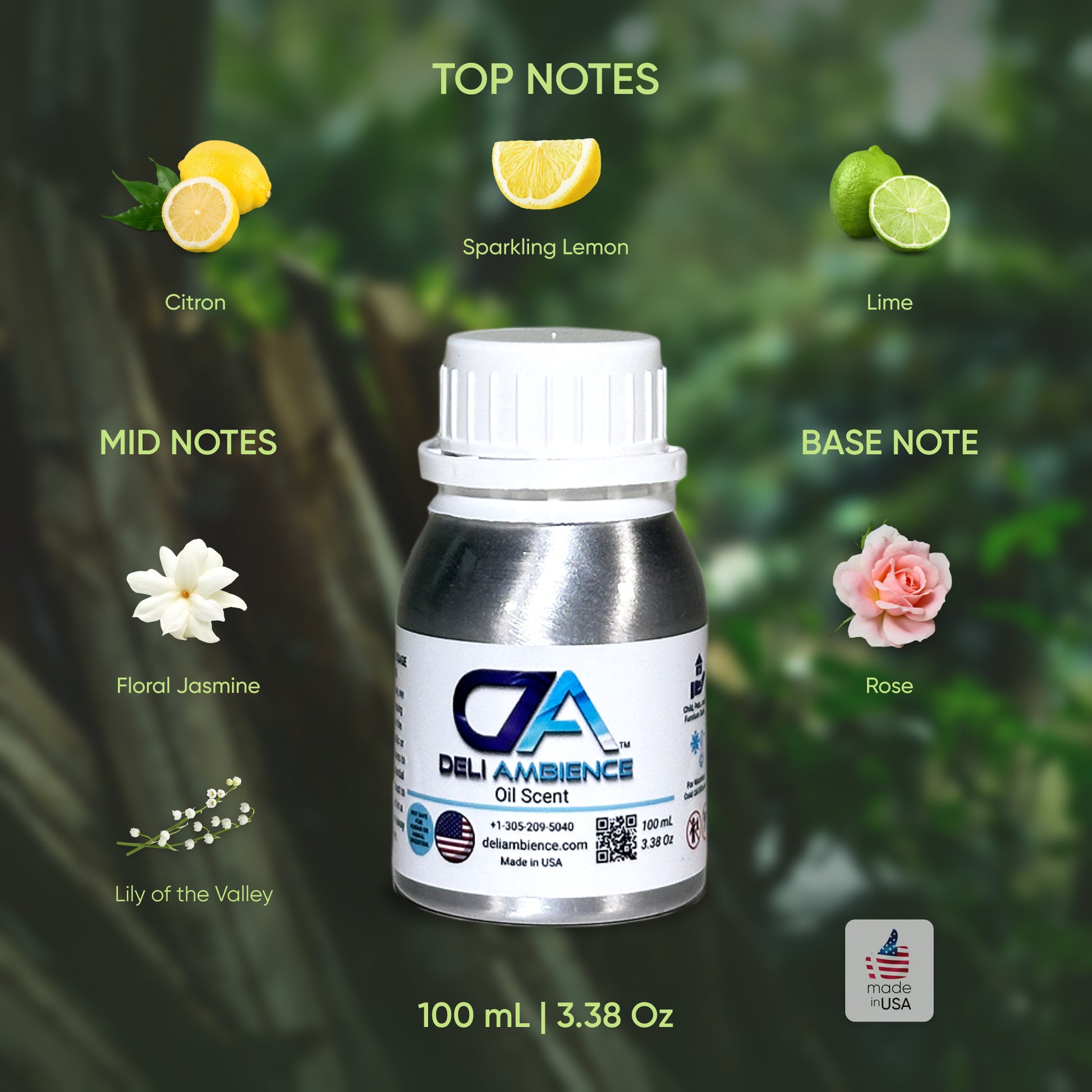 A 100 mL bottle of high-quality Fresh Woody Oil Scent is displayed. The oil-based fragrance has top notes of citron, sparkling lemon, and lime, mid notes of floral jasmine and lily of the valley, and a base note of rose.
