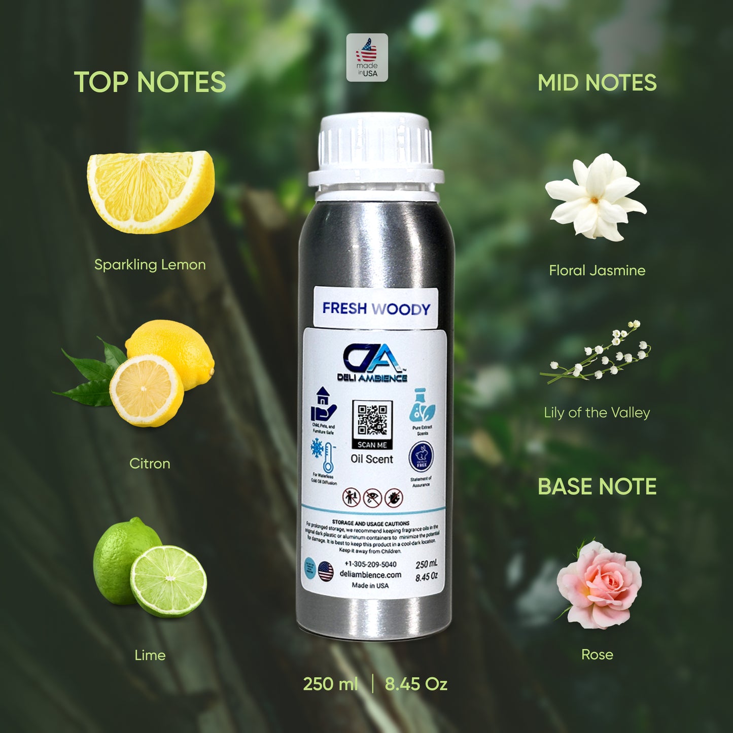 A silver container of "Fresh Woody Oil Scent" stands against a green background, showcasing its high-quality top notes of lemon, citron, and lime, mid notes of jasmine and lily of the valley, and a base note of rose. This natural wood-inspired oil-based scent promises an invigorating aroma experience.