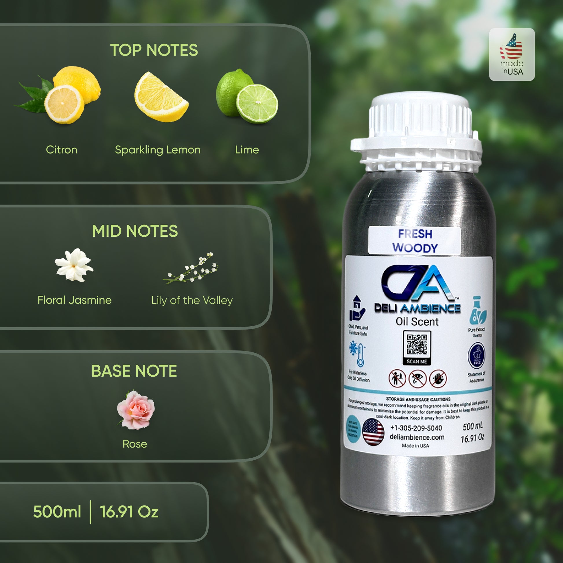 The high-quality silver bottle labeled "Fresh Woody Oil Scent" features an aroma profile chart with top notes of citron, sparkling lemon, and lime; mid notes of floral jasmine and lily of the valley; and a base note of rose. This oil-based scent brings a touch of natural wood elegance to any space.