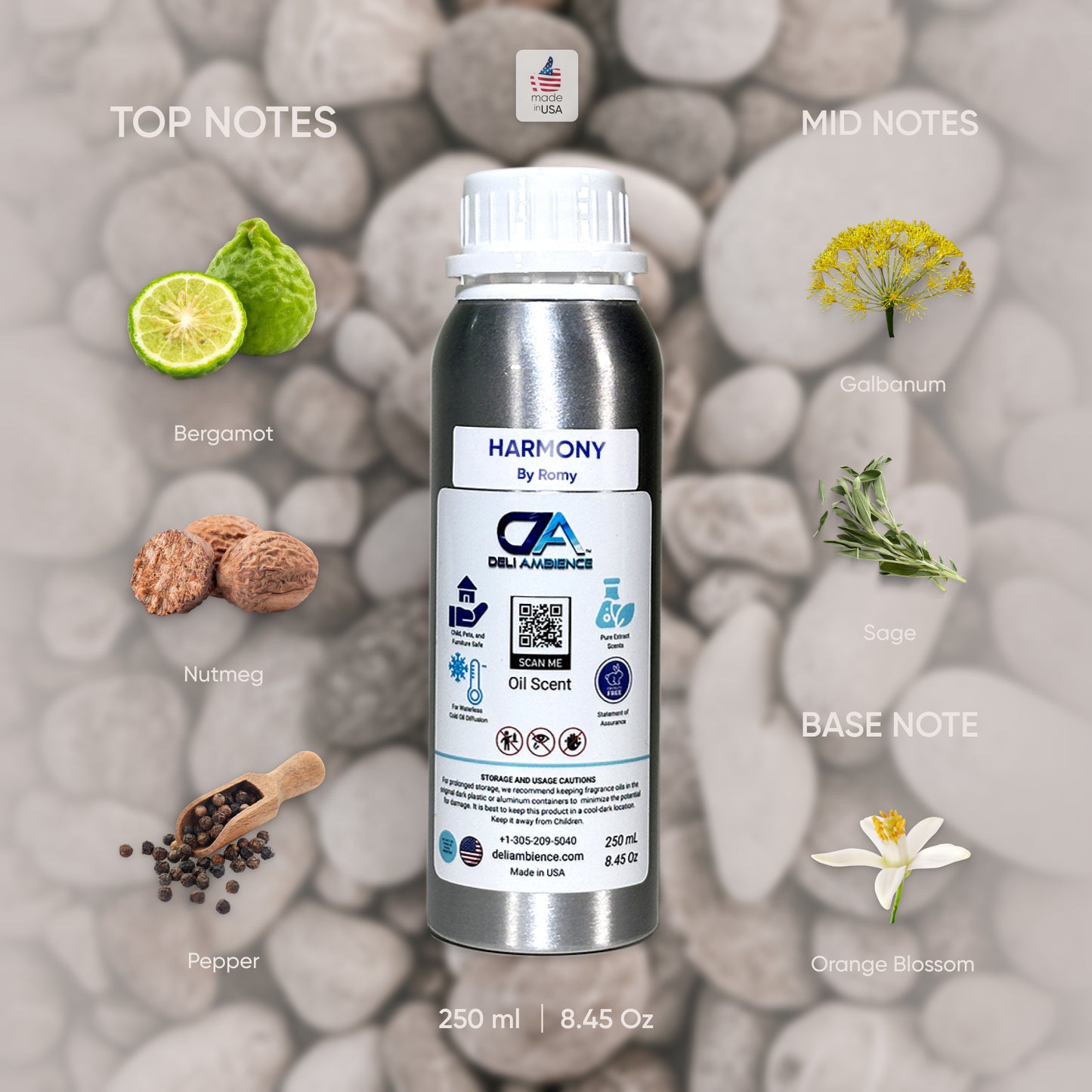 A 250 ml metal bottle labeled "Harmony Oil Scent by Romy" is placed against a background of pebbles. Surrounding the bottle are images of bergamot, galbanum, sage, nutmeg, orange blossom, and pepper, evoking a soothing fragrance reminiscent of Harmony Oil Scent essential oils.