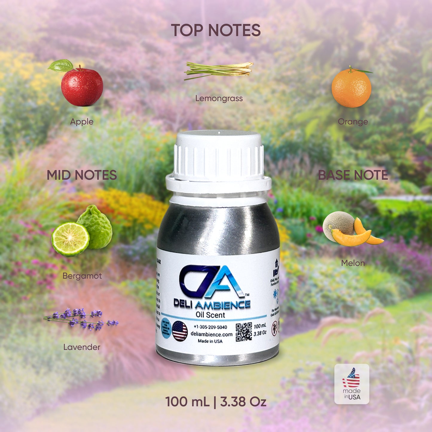 A 100 mL bottle of Lavish Oil Scent offers an opulent fragrance, with top notes of apple, lemongrass, and orange; mid notes of bergamot and lavender; and a base note of melon. Truly a luxury product, made in the USA.