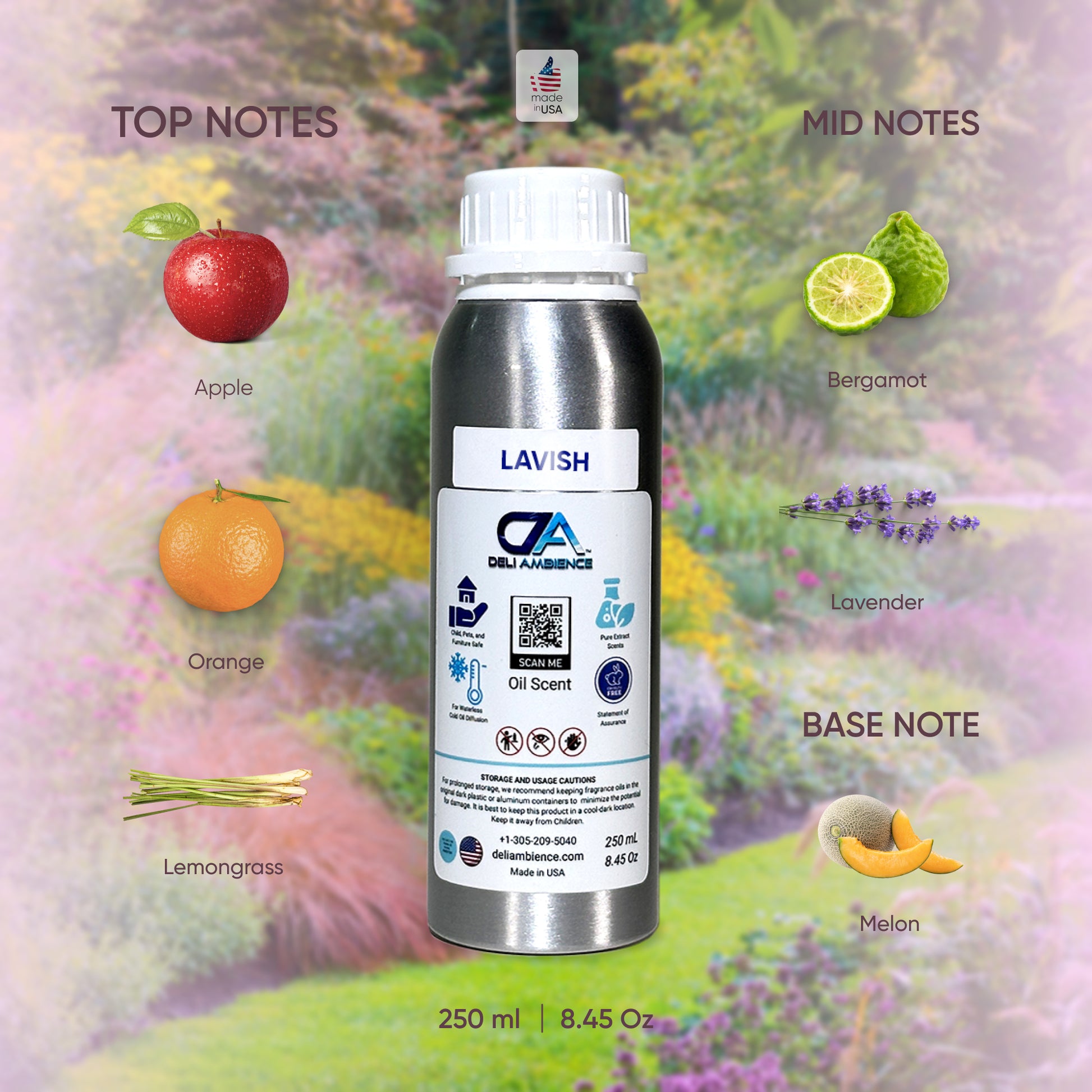 An aluminum bottle labeled "Lavish Oil Scent" sits against a lush garden backdrop. This sophisticated scent features top notes of apple, orange, and lemongrass; mid notes of bergamot and lavender; and a base note of melon. With a capacity of 250 ml (8.45 oz), it's the epitome of luxury fragrance.