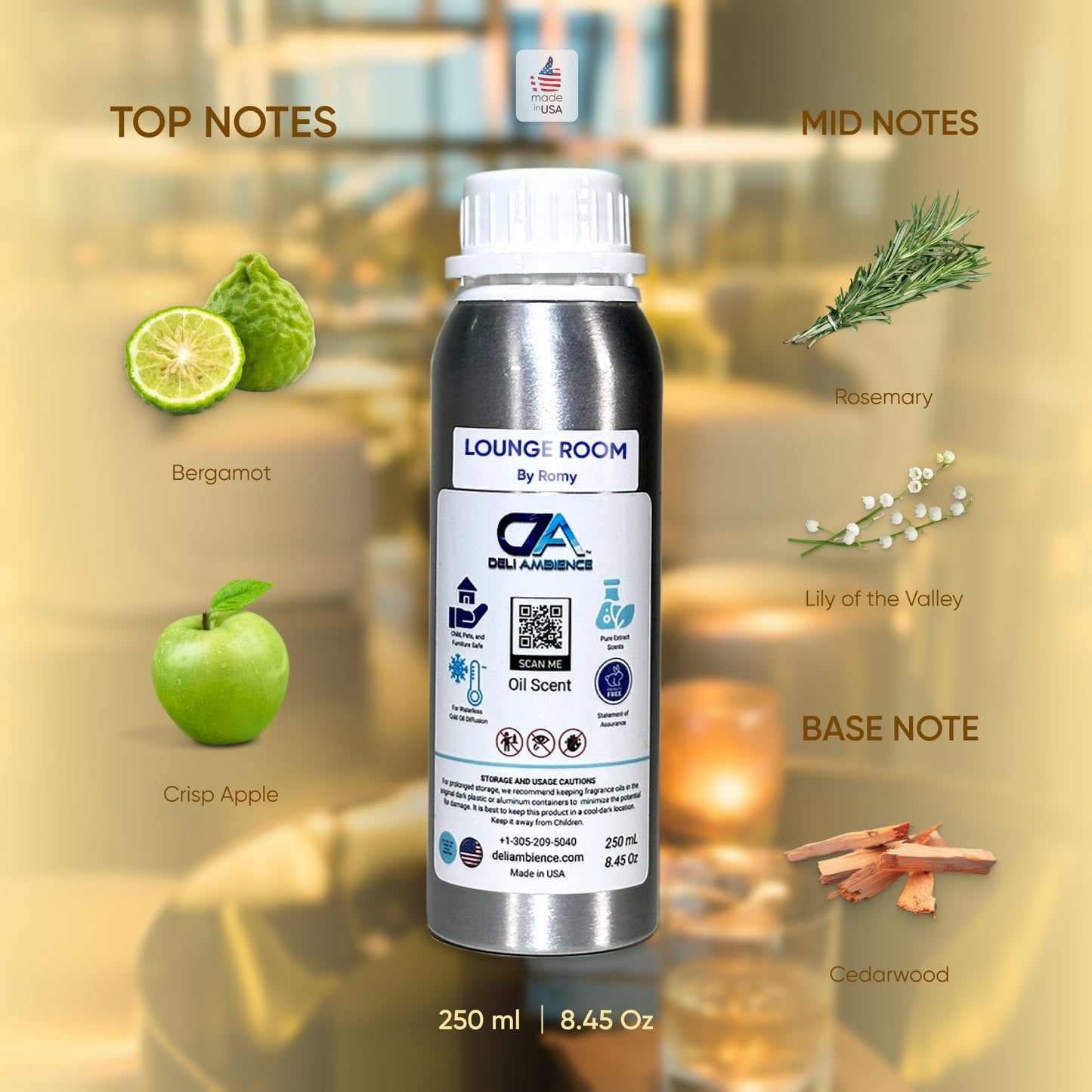 A silver oil scent bottle of "Lounge Room by Romy Oil Scent" is displayed against a blurred background. Text and images detail the fragrance notes: Top - bergamot, rosemary, crisp apple; Mid - lily of the valley; Base - cedarwood. Experience this soothing fragrance as it brings a calming touch to your lounge room.