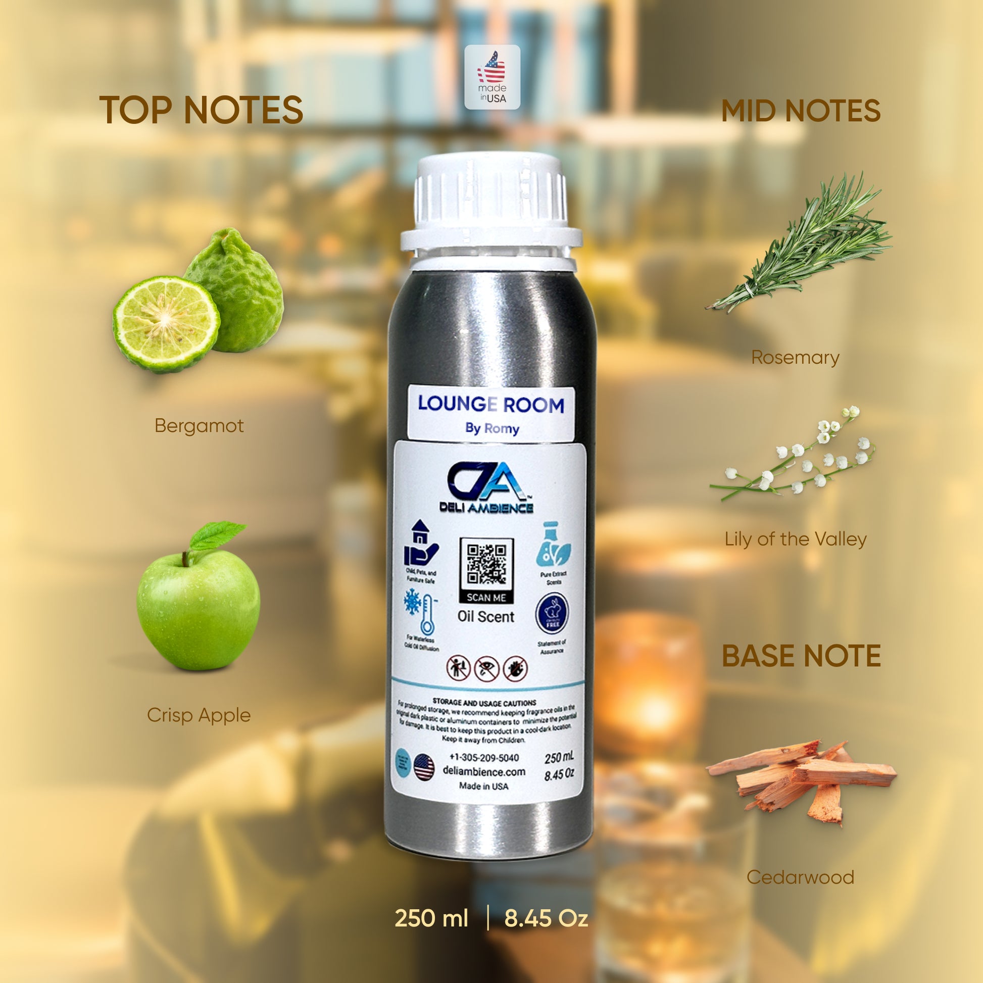 A silver oil scent bottle of "Lounge Room by Romy Oil Scent" is displayed against a blurred background. Text and images detail the fragrance notes: Top - bergamot, rosemary, crisp apple; Mid - lily of the valley; Base - cedarwood. Experience this soothing fragrance as it brings a calming touch to your lounge room.