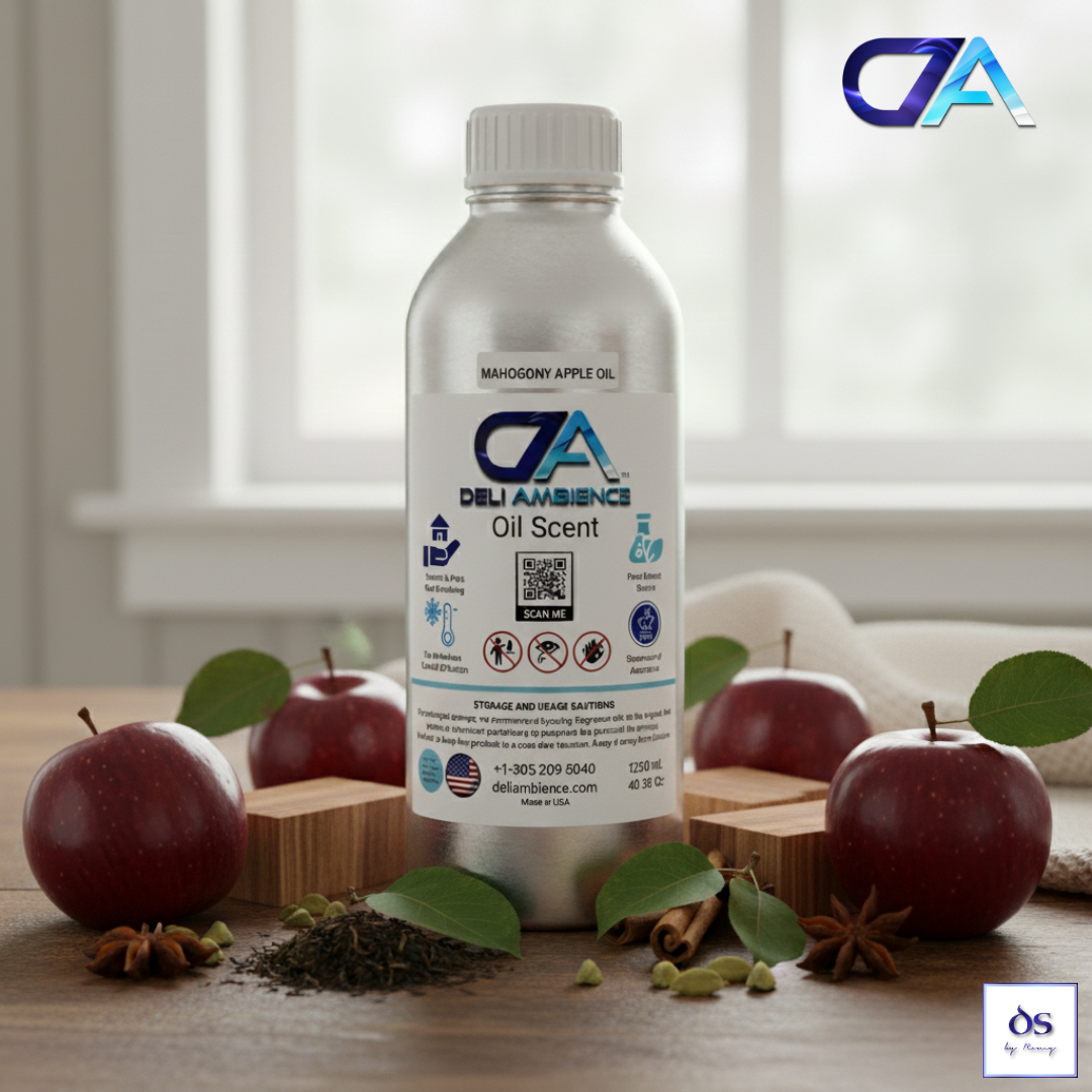 A silver bottle labeled "Mahogany Apple Oil Scent" sits among red apples, spices, and leaves, evoking a cozy autumn aroma, with a white towel in the background.