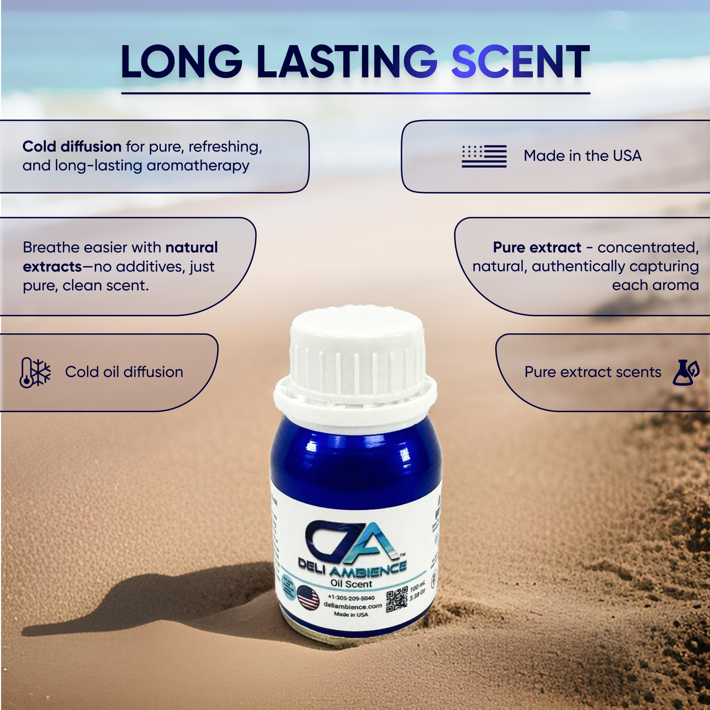 A bottle of Deli Ambience "DA Ocean Breeze" Oil Scent 100 ML is shown on sand with text highlighting its features: cold diffusion, high-quality natural extracts, made in the USA, pure extract, and long-lasting premium oil scent.