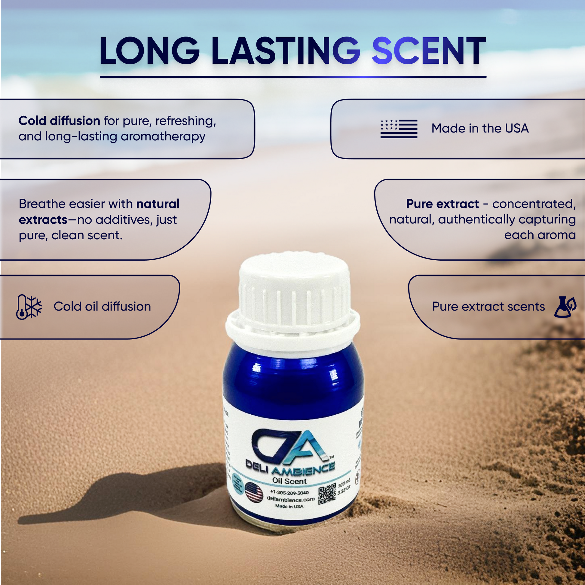 A bottle of Deli Ambience "DA Ocean Breeze" Oil Scent 100 ML is shown on sand with text highlighting its features: cold diffusion, high-quality natural extracts, made in the USA, pure extract, and long-lasting premium oil scent.