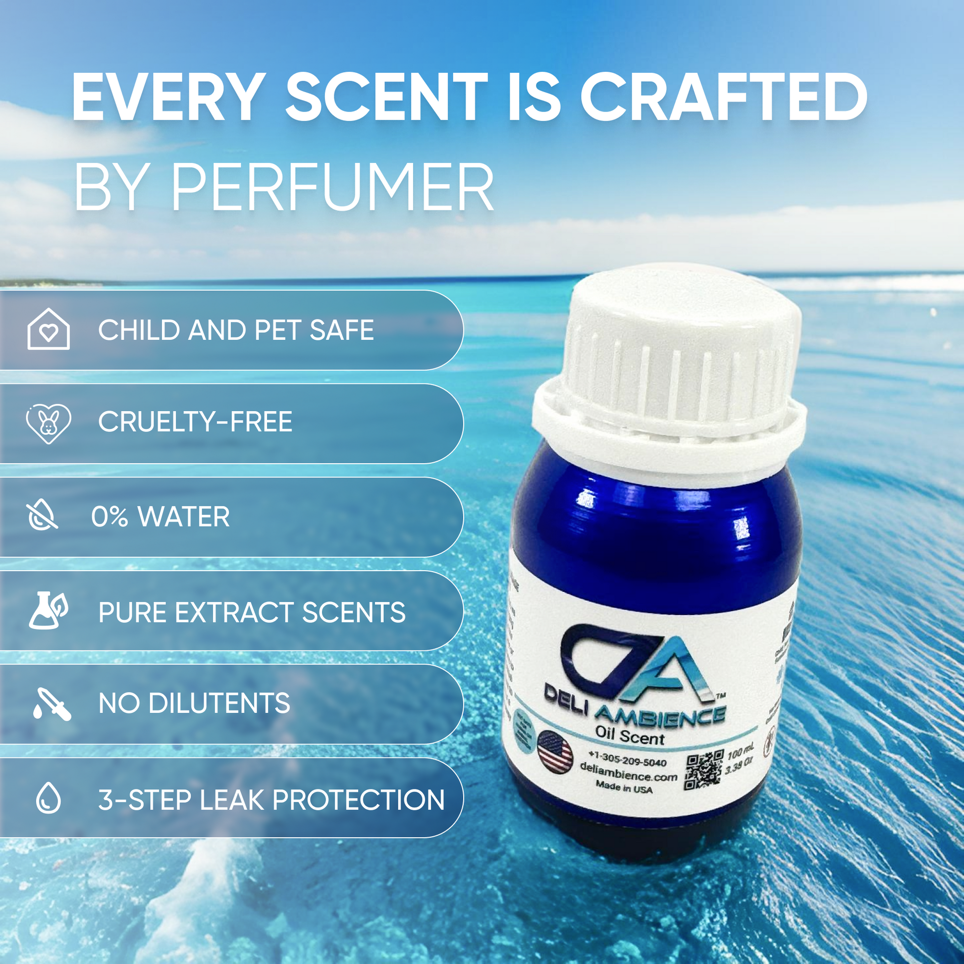A blue bottle of Deli Ambience "DA Ocean Breeze" Oil Scent 100 ML is placed in front of an ocean backdrop. This premium oil scent features child and pet safety, cruelty-free assurance, 0% water, pure extract scents, no diluents, and 3-step leak protection.