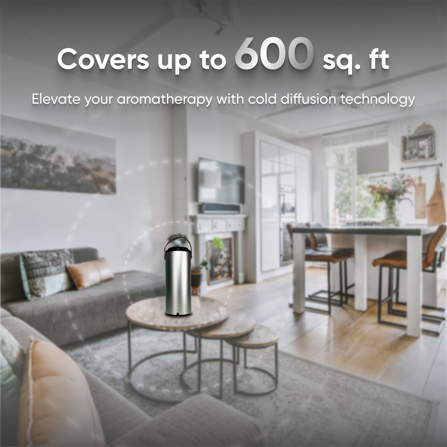 In a modern living room, the Orion Oil Scent Diffuser Portable, with its sleek aluminum case, stands out while effortlessly covering 600 sq. ft.